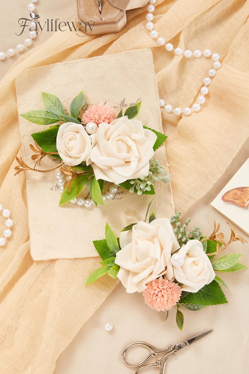 2 PCS White Rose Boutonniere Wrist Corsages Wedding Prom Corsage Wristlet