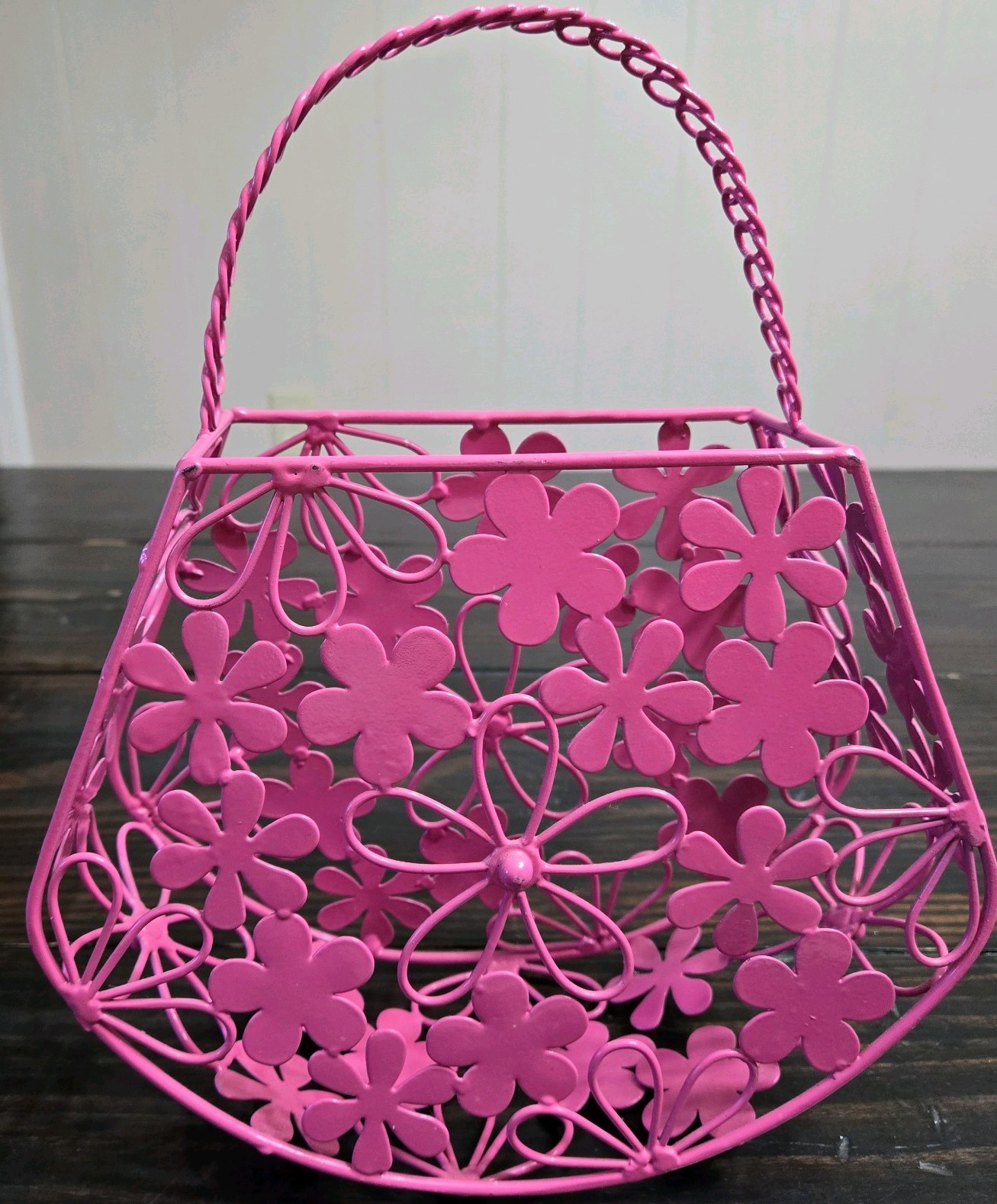 Pink Metal Floral Purse-Basket With Handle-Pink Flowers