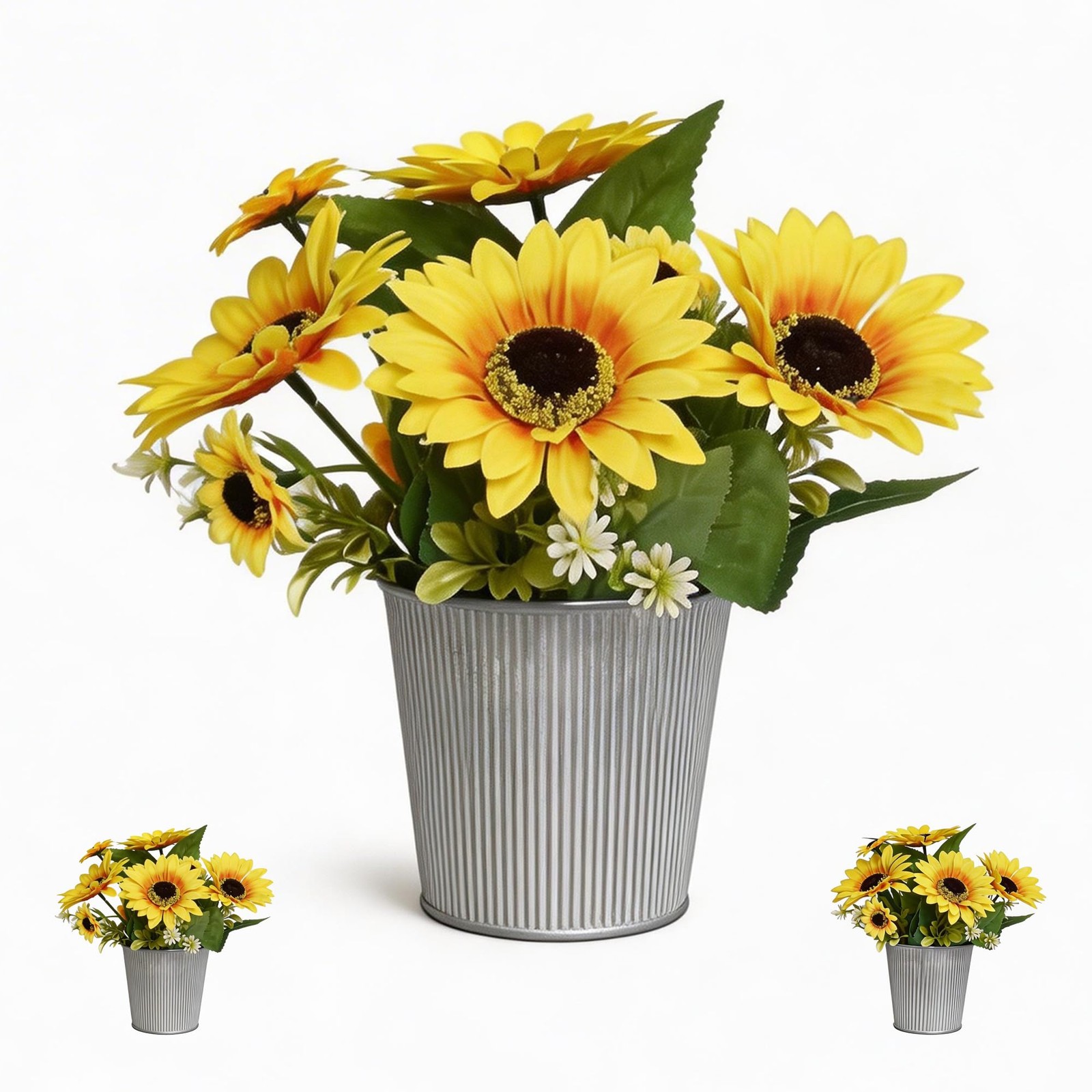 3 Pack Artificial Sunflowers in Galvanized Metal Pots, Faux Flower Arrangemen…