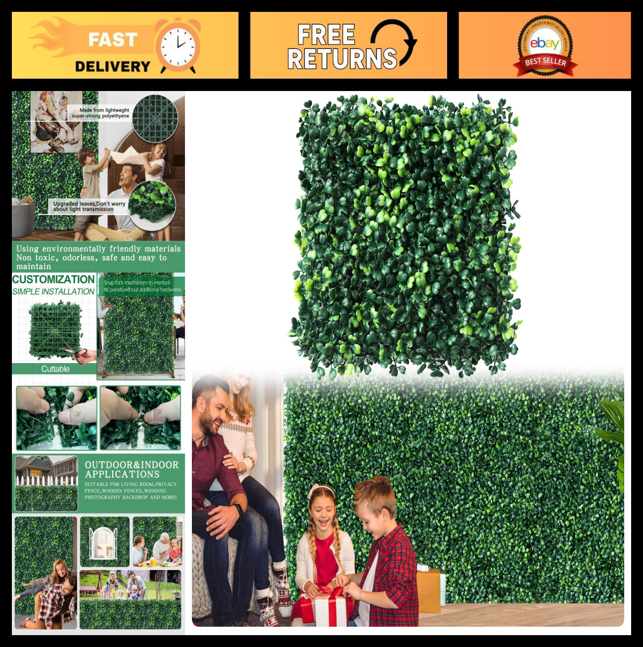 12pcs 10″x10″ Artificial Grass Wall Panels – Faux Boxwood Hedge for Privacy & De