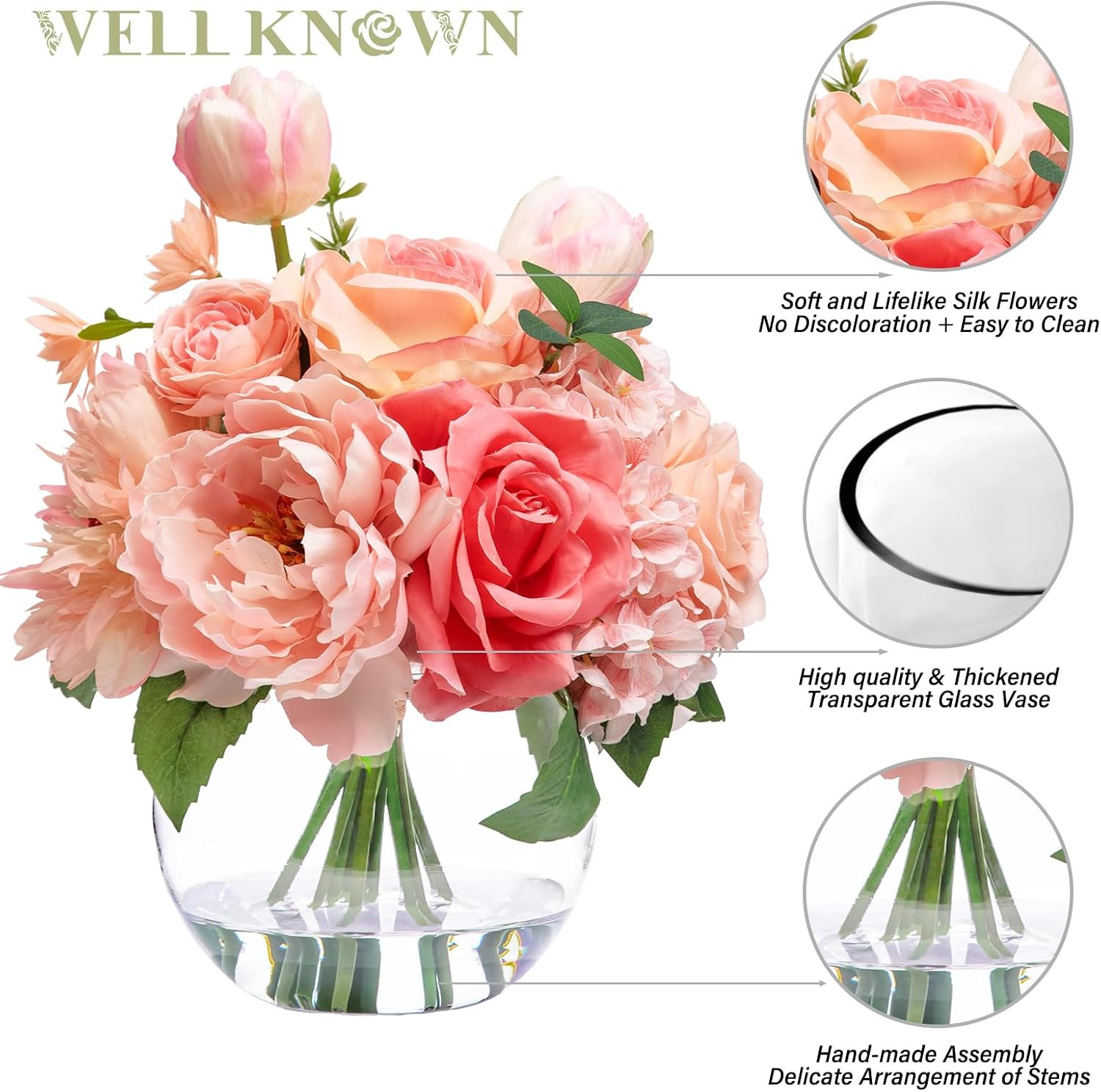 Peach Pink Silk Flower Bouquet in Vase with Fake Water for Home Decor