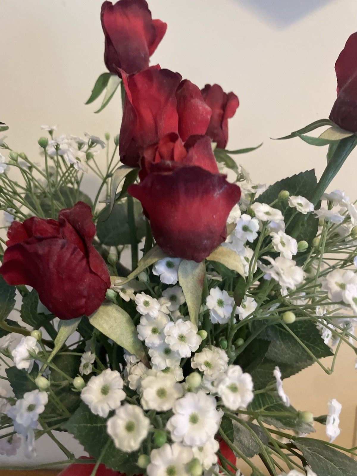 Silk Red Roses and Baby’s Breath Mothers Day Arrangement Glass Vase Red Ribbon