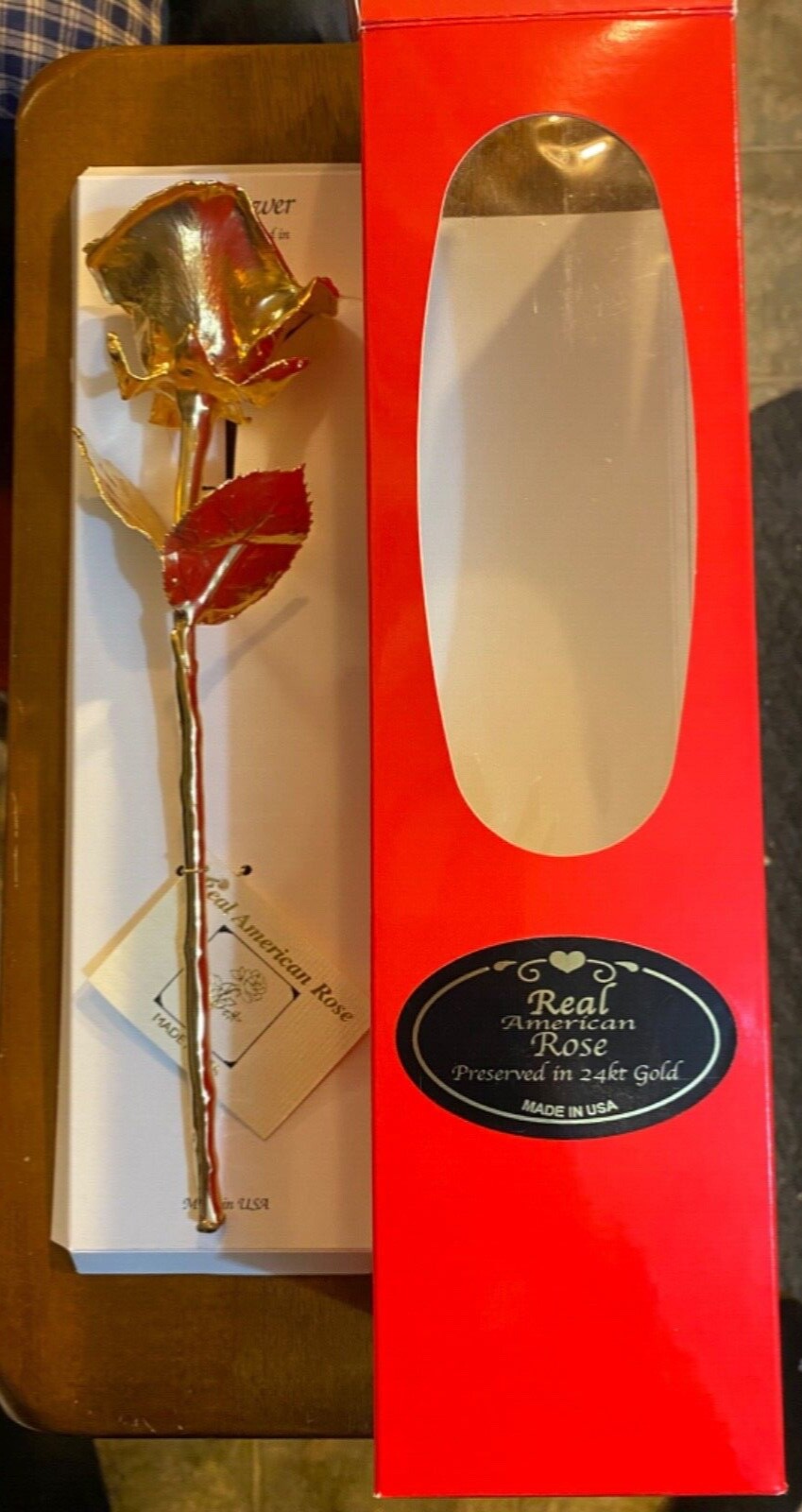 (New) Real American Rose – 24k Gold Dipped Real Rose 12″ in GIFT BOX (w/ window)