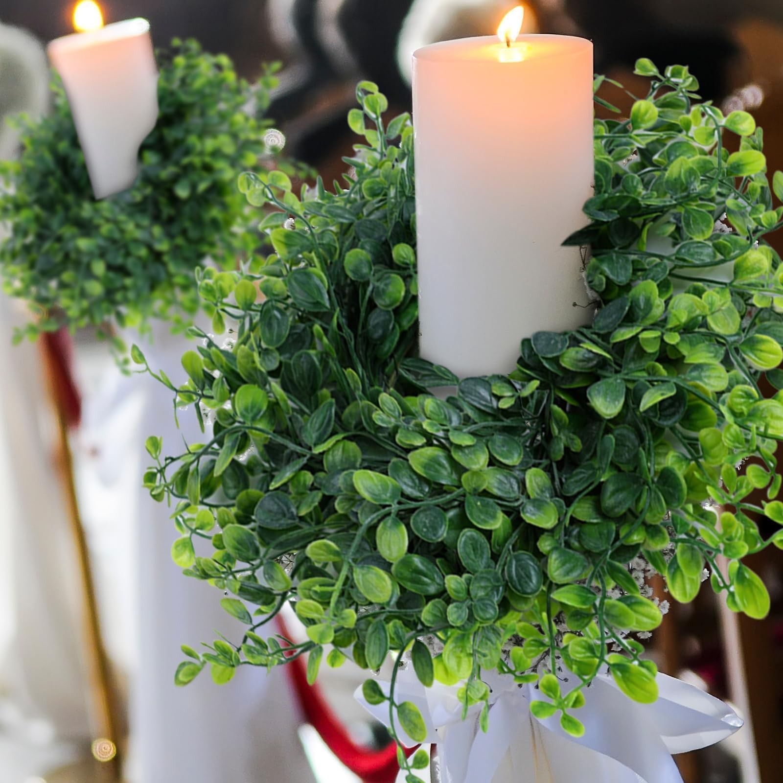 4 PCS 3 Inch Candle Rings Wreaths Pillars Mini Green Boxwood Wedding Decor