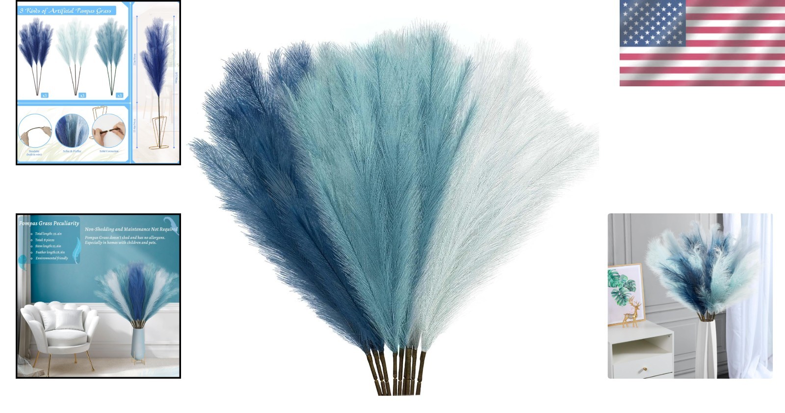 Colorful Pampas Grass Stems 9Pcs 35.4 Inch Indoor Decor Light Blue Fluffy