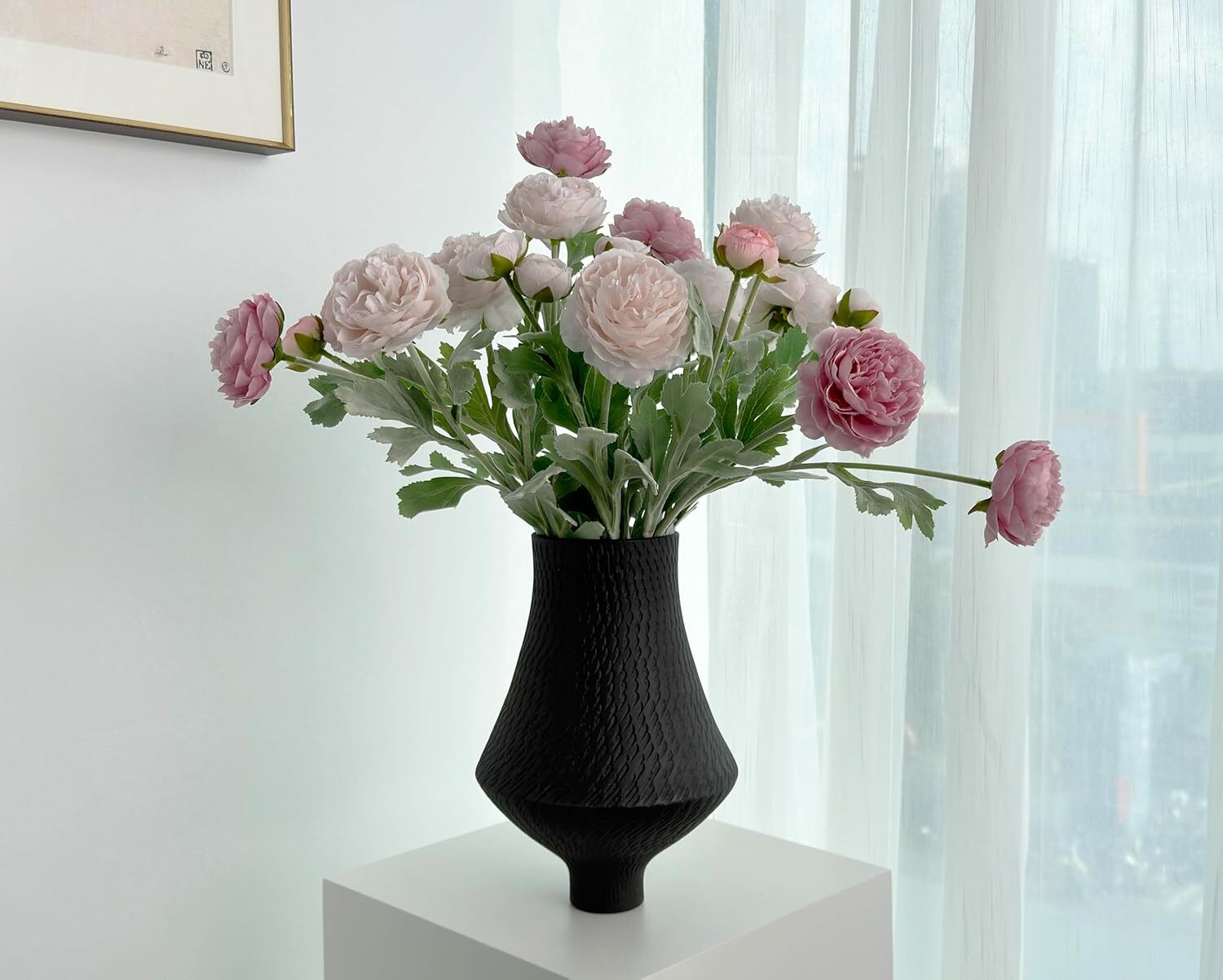 7 Pcs Peony Artificial Flowers with Stems, Faux Ice and Opal Pink Ranunculus Mix
