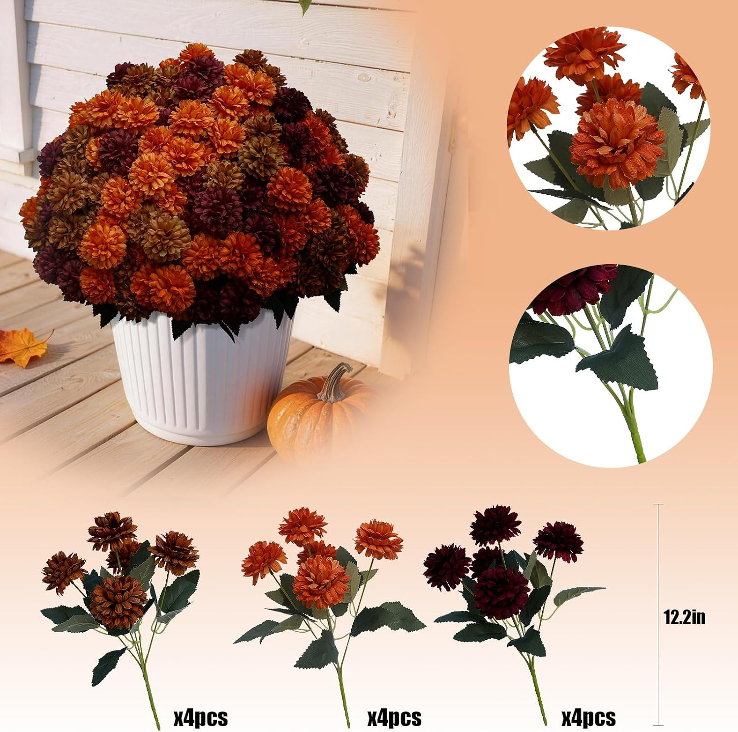 12 Bundles Artificial Fall Mums Outdoor Flowers, UV Resistant Faux Autumn Daisy