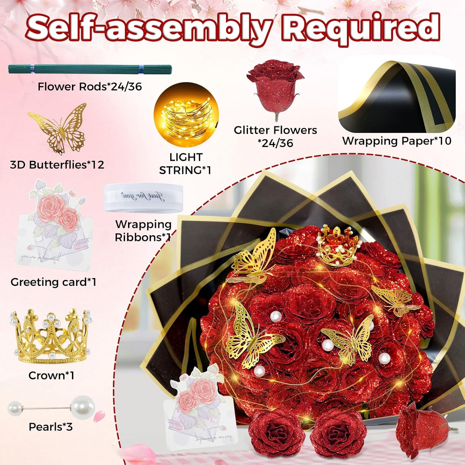 Red Glitter Roses Bouquet, 24 Pcs Shiny Glitter Flowers Bouquet, Everlasting DIY