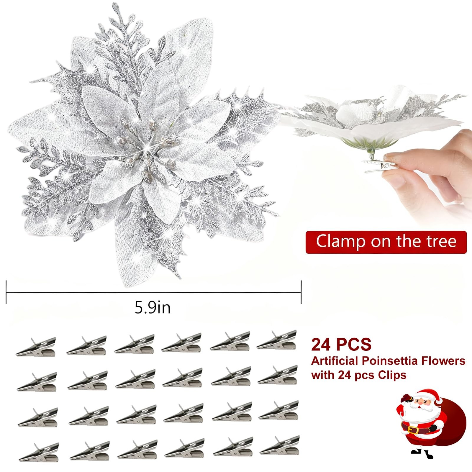 24 PCS Silver Christmas Artificial Poinsettia Flowers Glitter 5.9 Inch Clips
