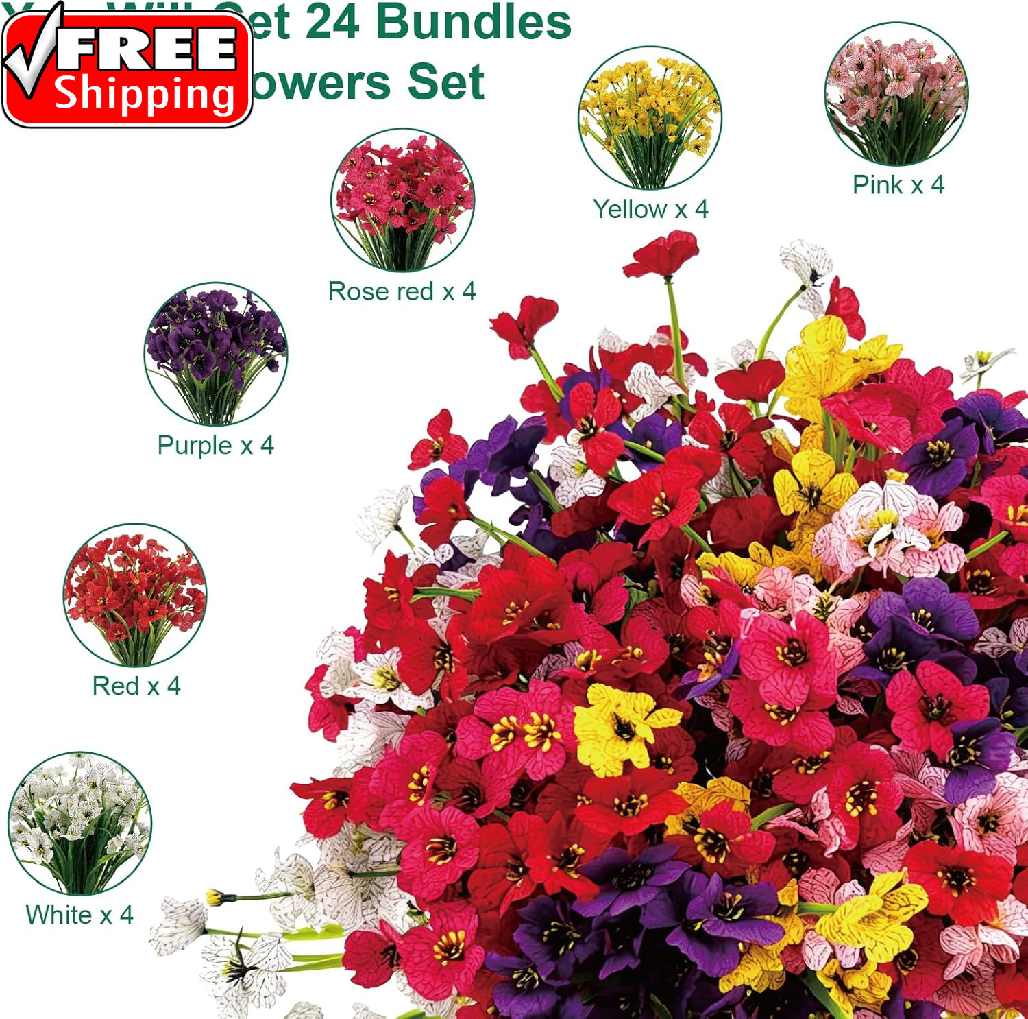 24 Pcs (6 Color) UV Resistant Outdoor Artificial Faux Flowers Plants Realistic P