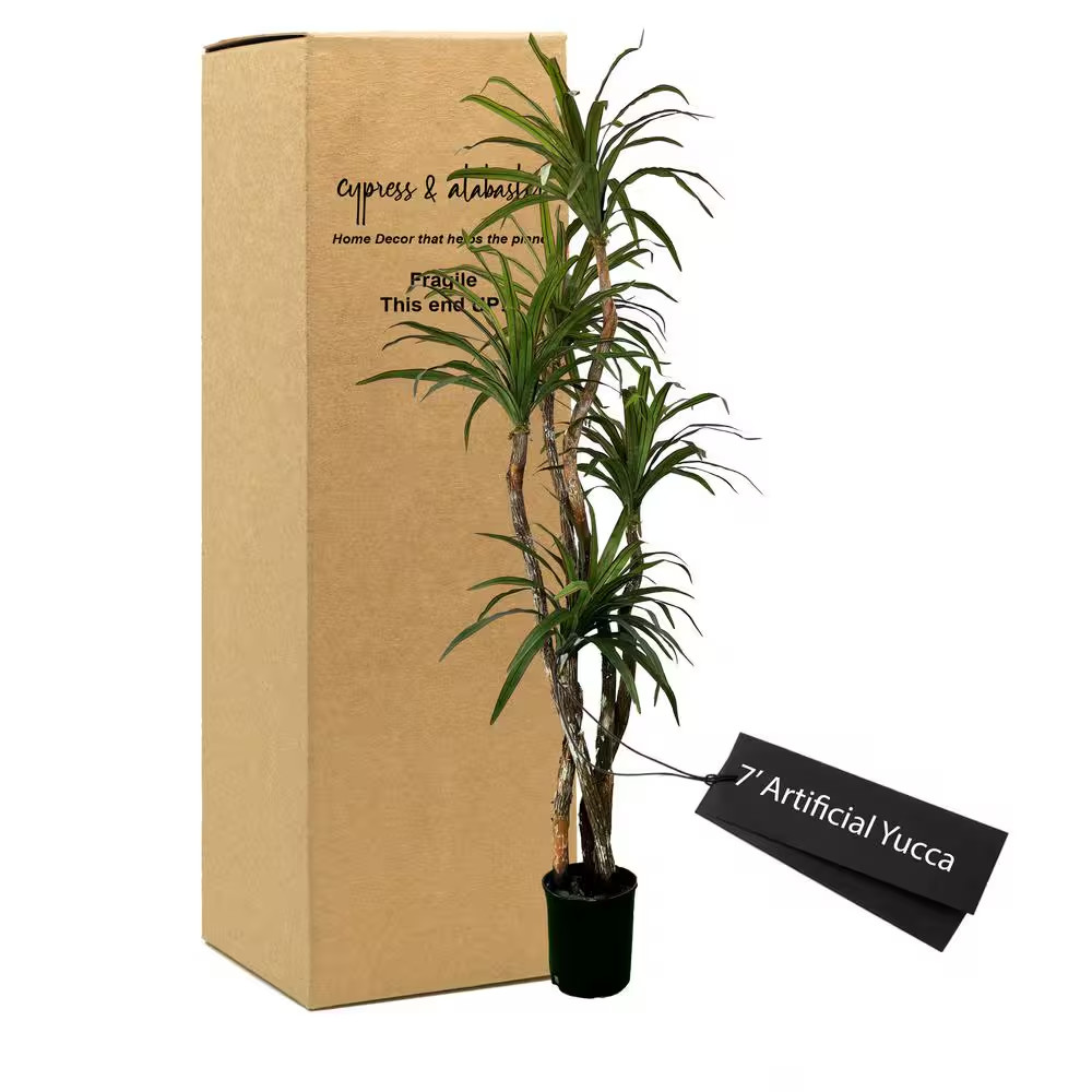 Handmade 7 Ft. Artificial Yucca Tree in Home Basics Plastic Pot Made with Real W