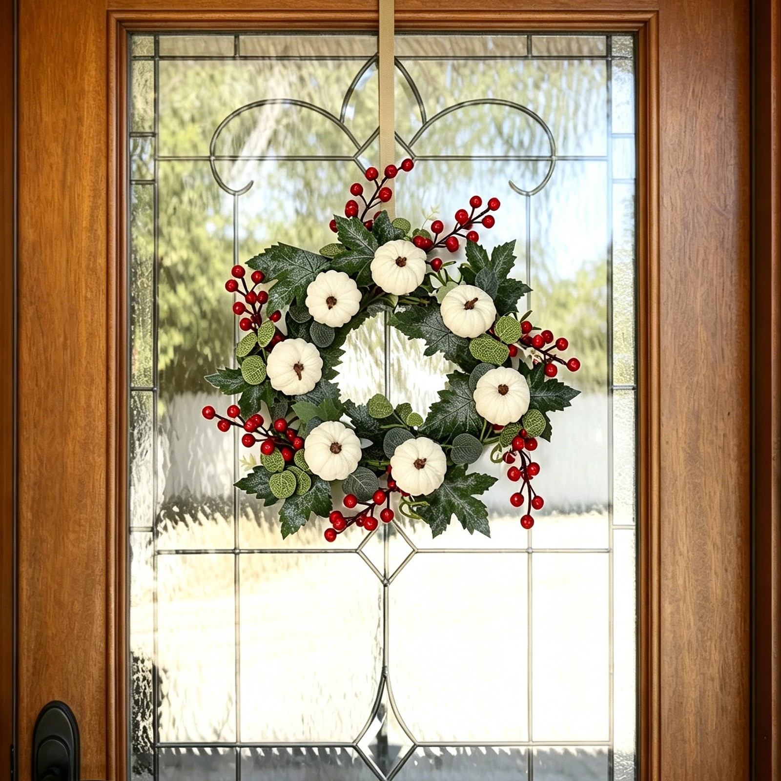 14in Plastic Wreath Artificial Flocked Pumpkins Berries Maple Eucalyptus