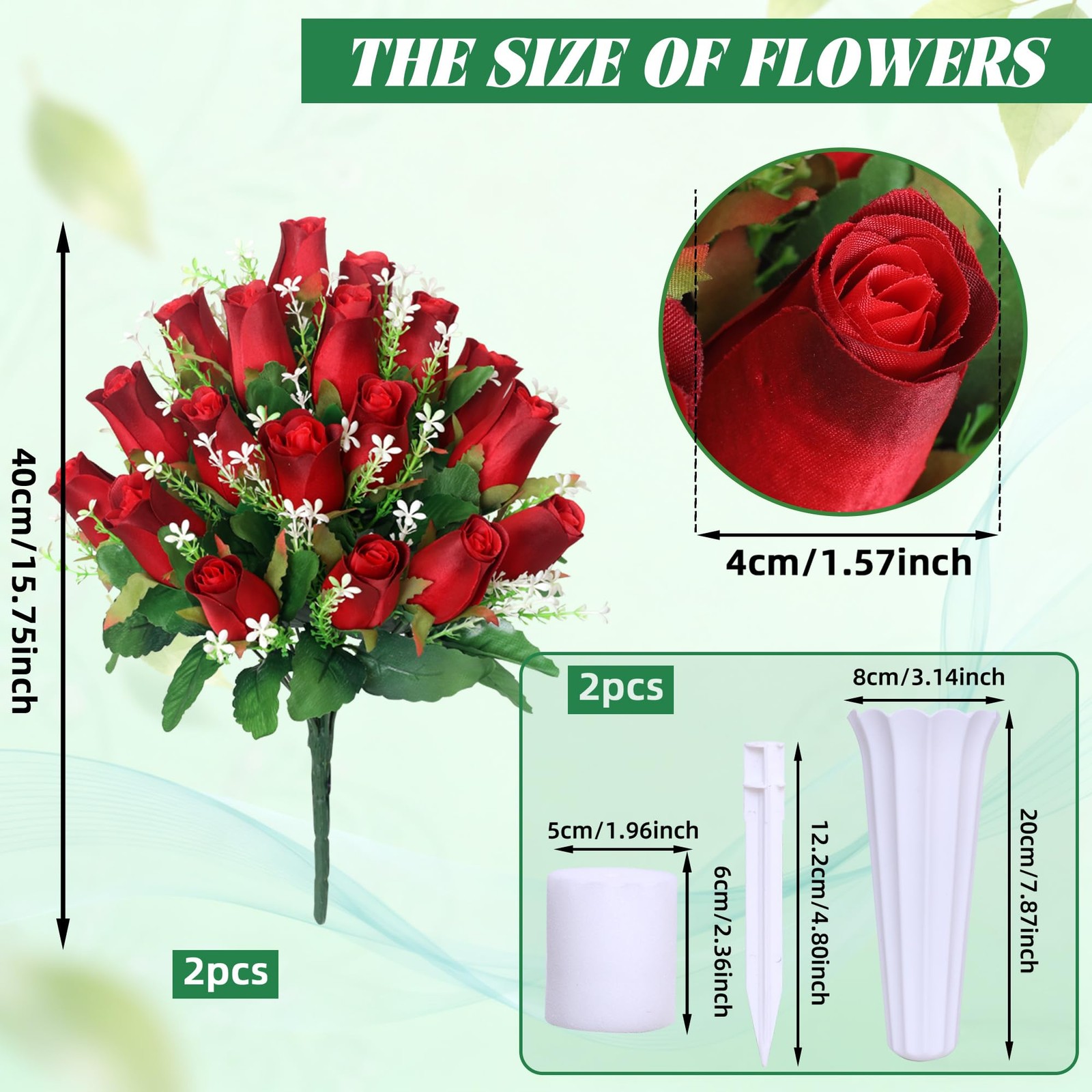 Red Artificial Rose Memorial Cemetery Flowers With Vase 2 PCS