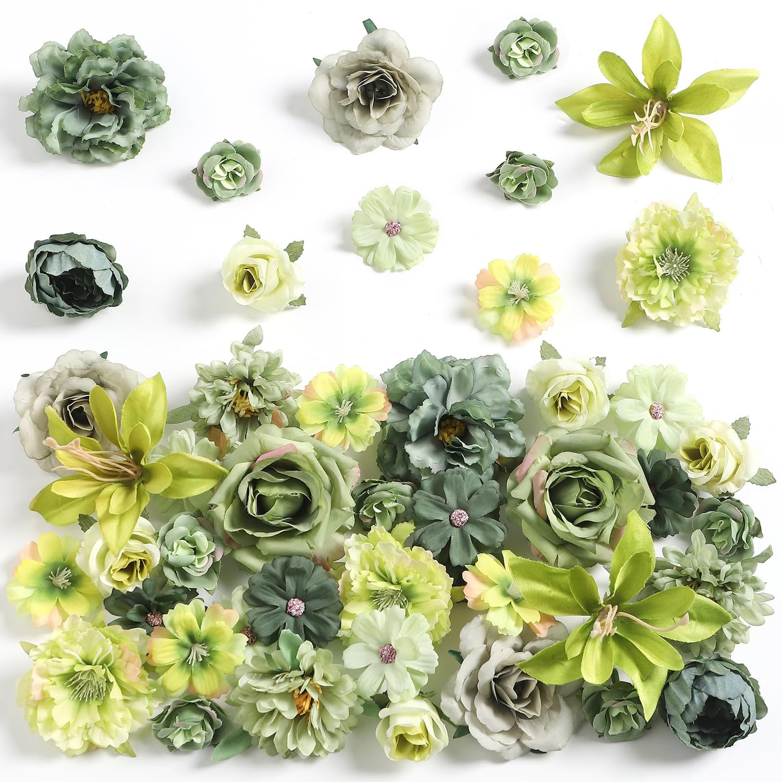 48 PCS Green Silk Artificial Fake Flower Heads Mini Rose Peony Daisy Craft