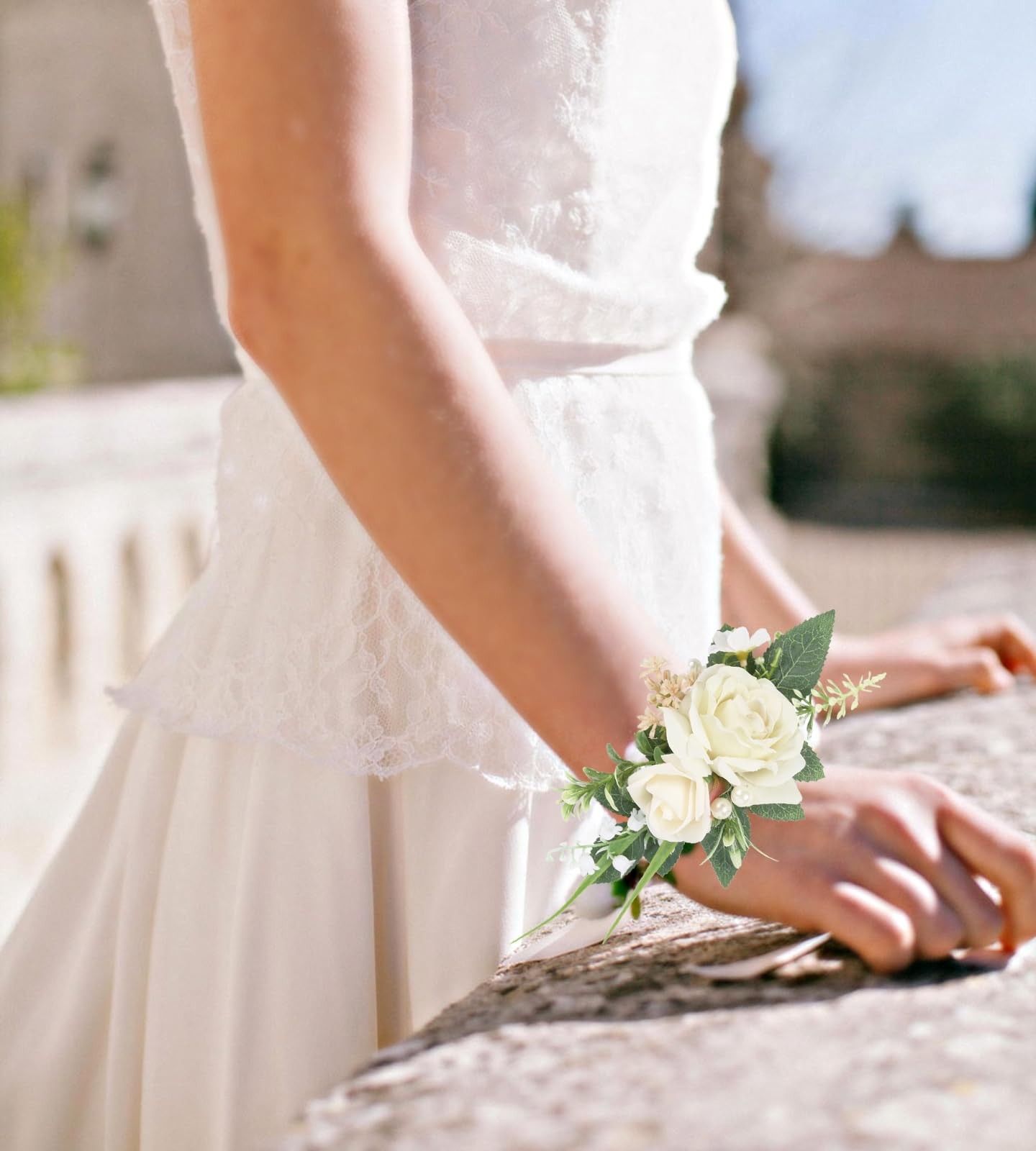 Wrist Corsage Boutonniere Set Ivory Rose Artificial Flowers Prom Wedding Decor
