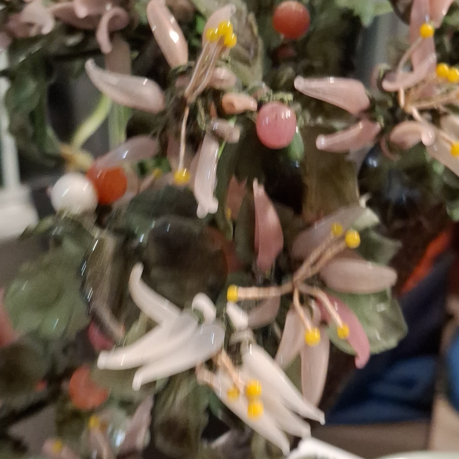 Vintage XLarge Chinese Jade Quartz Bonsai Tree Celadon 19×36” CHERRY Blossoms.