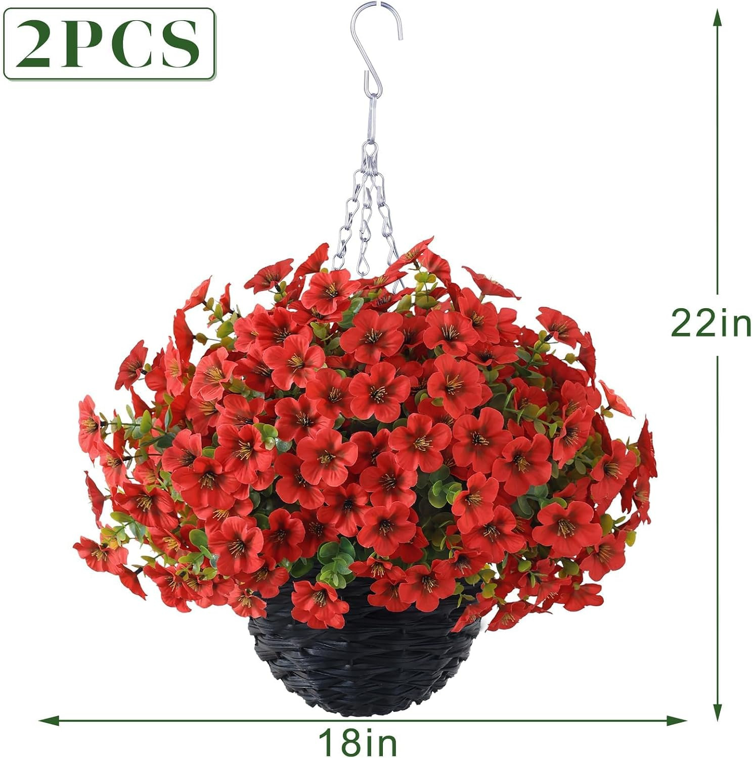 Red Artificial Morning Glory & Eucalyptus Hanging Baskets for Outdoor Decor