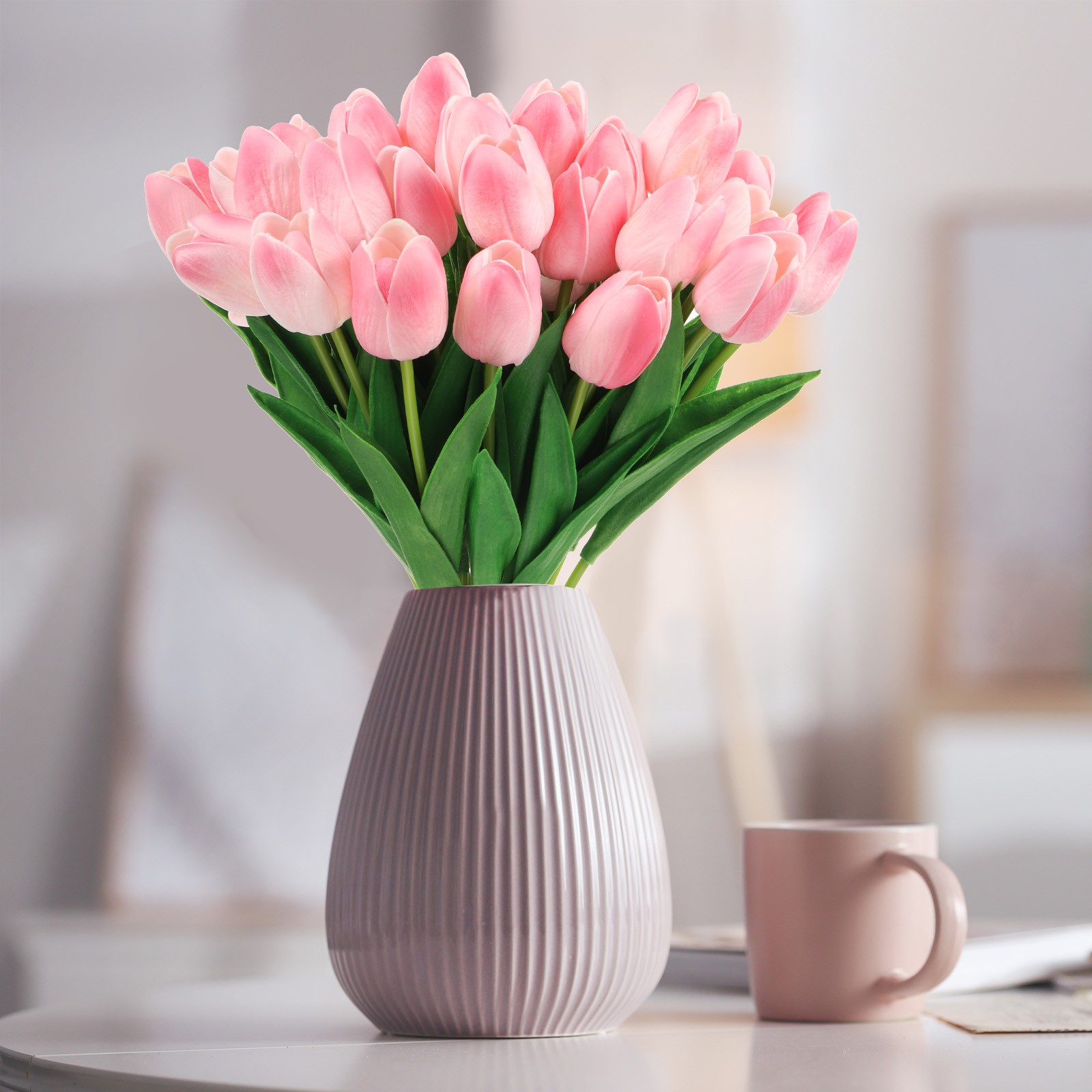 24Pcs Fake Tulips Artificial Flowers PU Artificial Tulips Real Touch Pink White