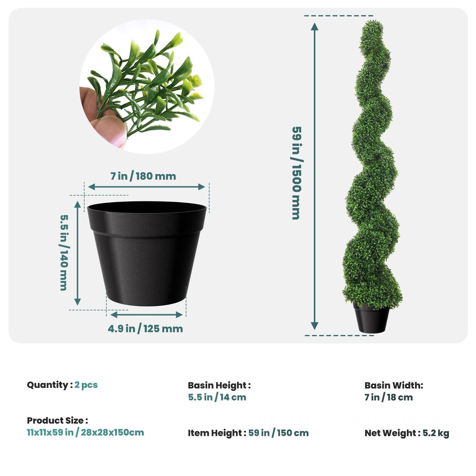 2-Pack Artificial Boxwood Spiral Trees 5 FT UV-Resistant Fake Plants w/ Pot