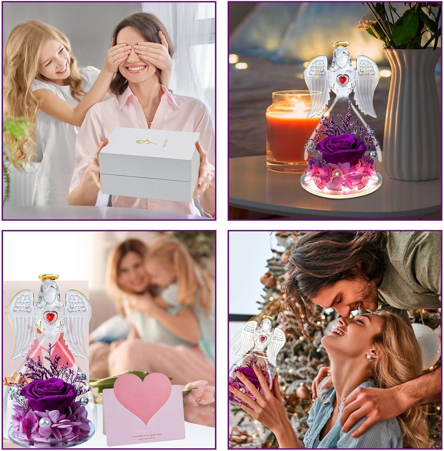 “Mothers Day Mom Gifts for Her,Preserved Flowers Rose in Glass Angel Figurines,B