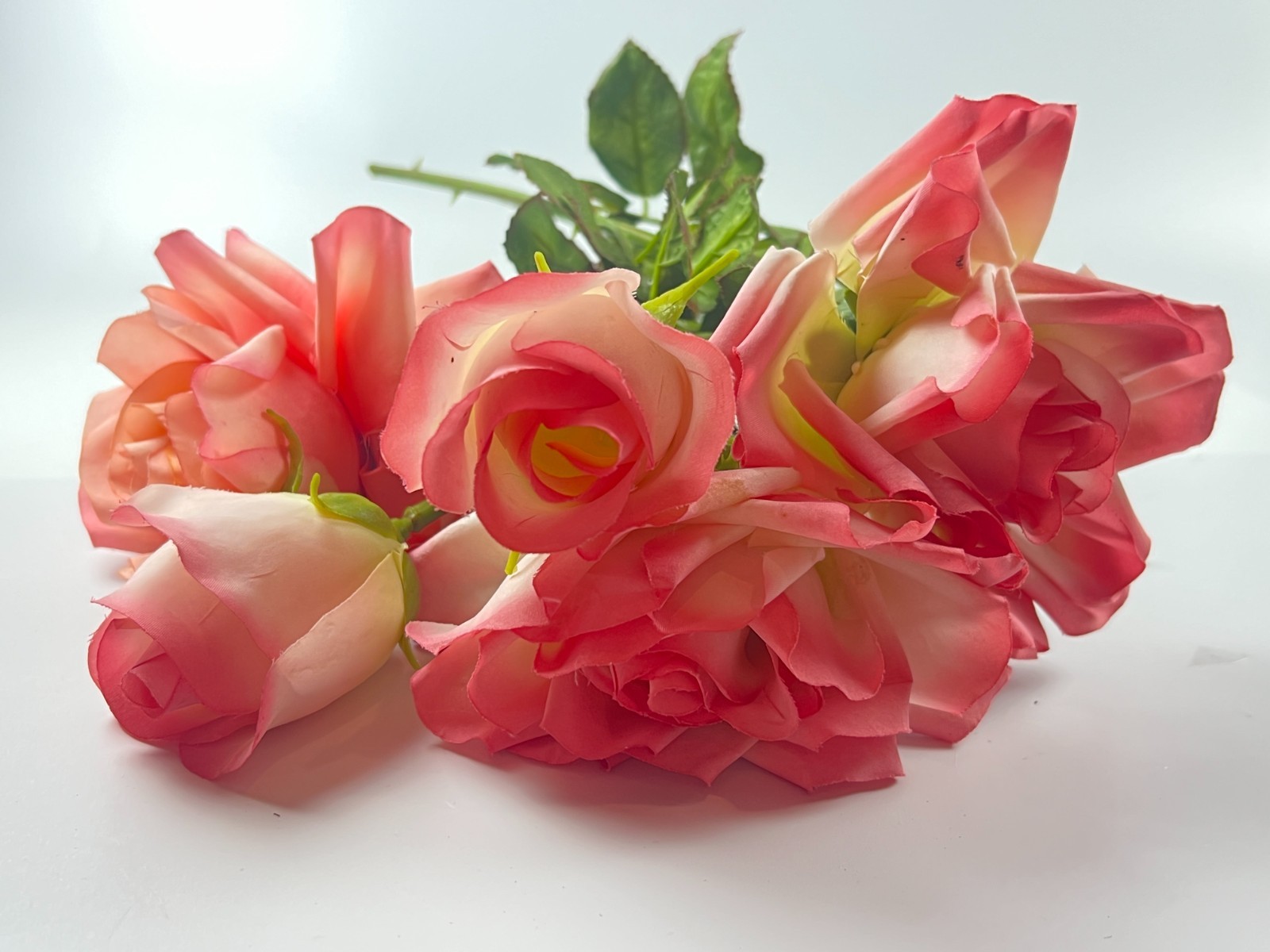 5 True VINTAGE long stem silk roses pink peach cream ombre thorn faux artificial