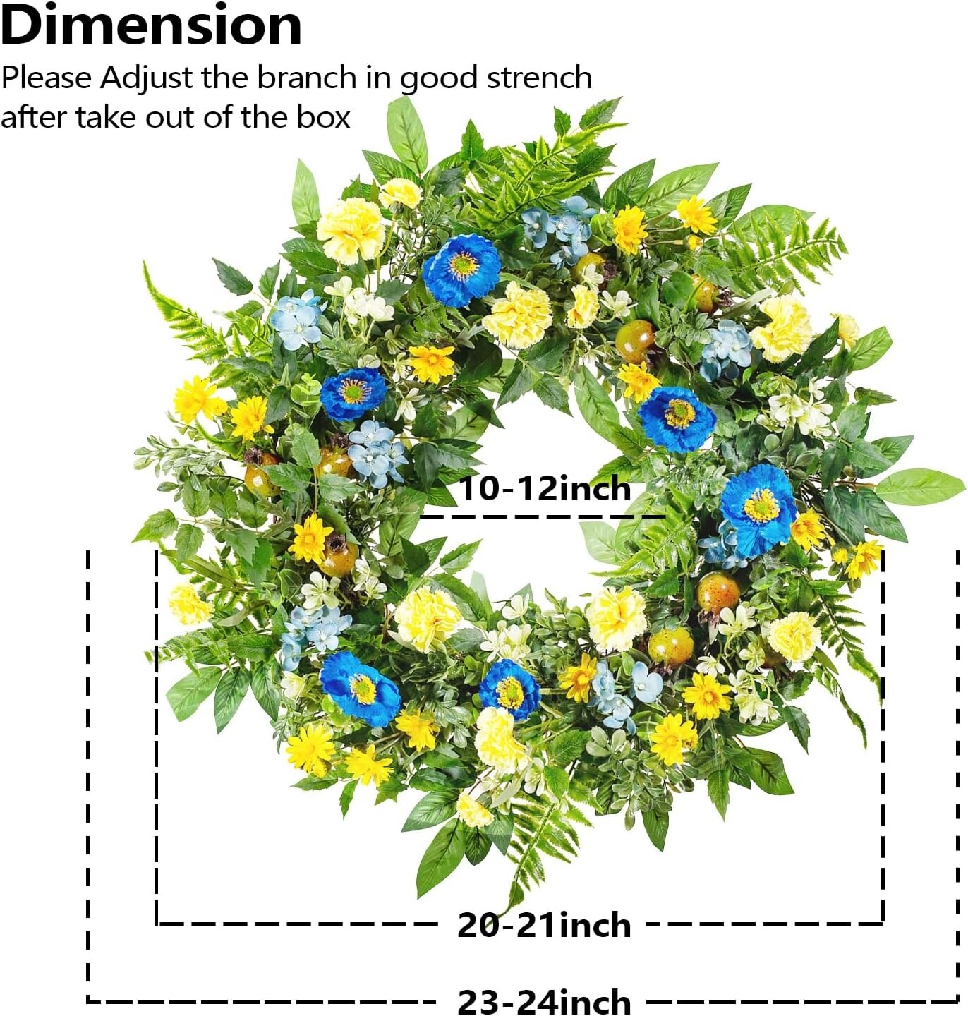 24-Inch Spring & Summer Flower Wreath – Blue & Yellow Elegance for Front Door