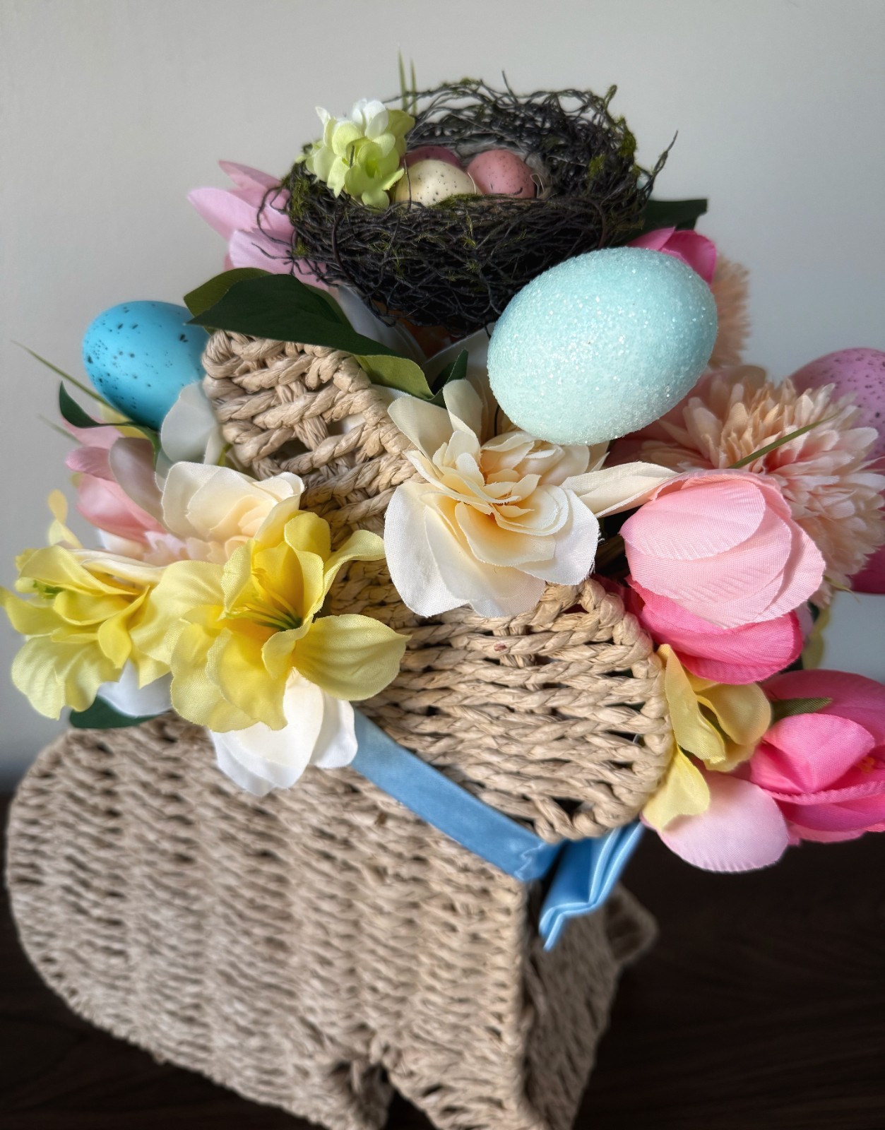 Rabbit Shaped Container With Yellow, Pink, & White Flowers Centerpiece