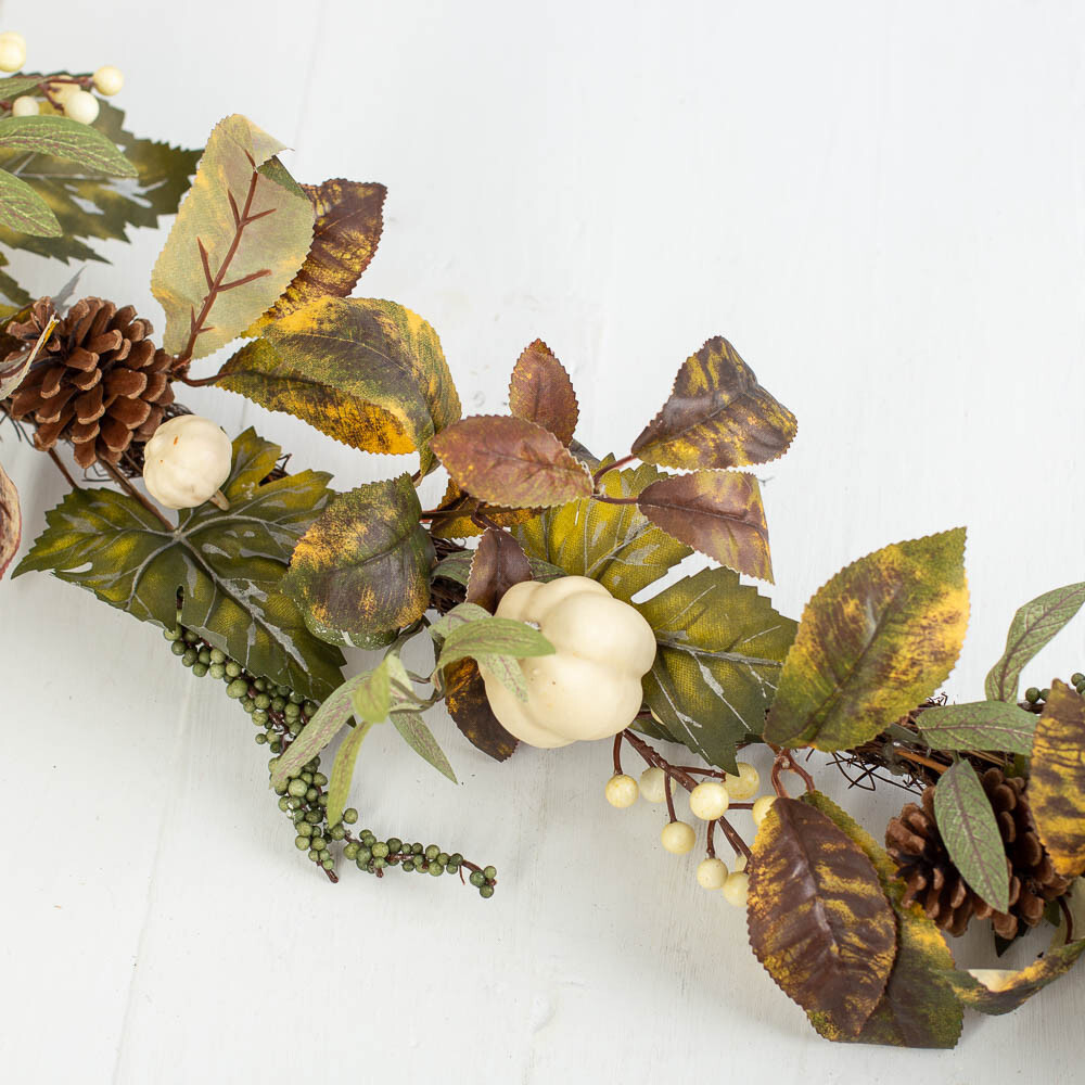 54″ Artificial White Pumpkin and Pinecone Fall Garland