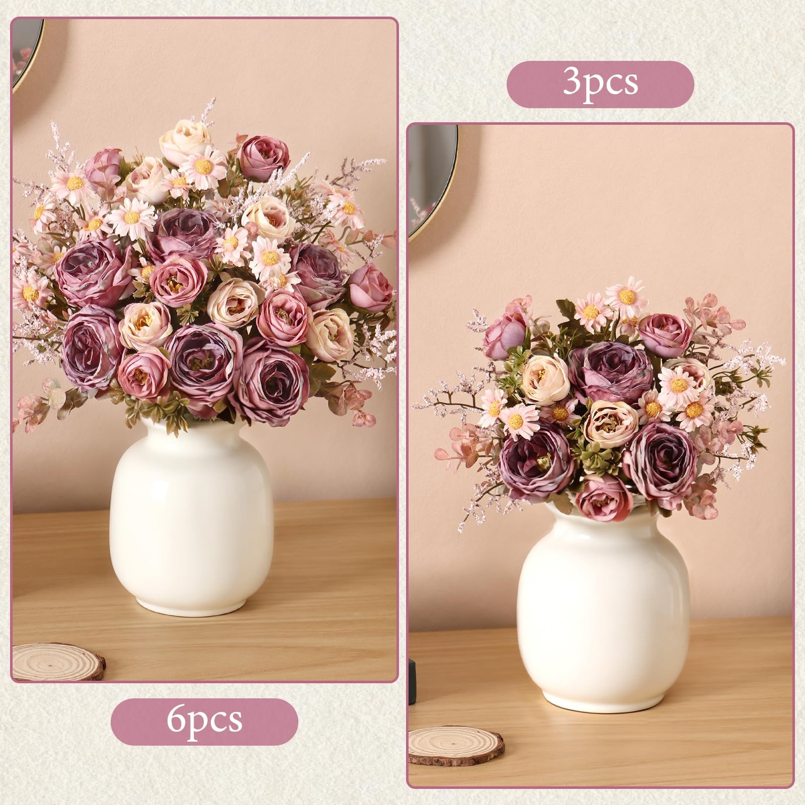 Artificial Roses Flowers 3 Pack Vintage Roses Pink Flowers Small Silk Rose Bo…