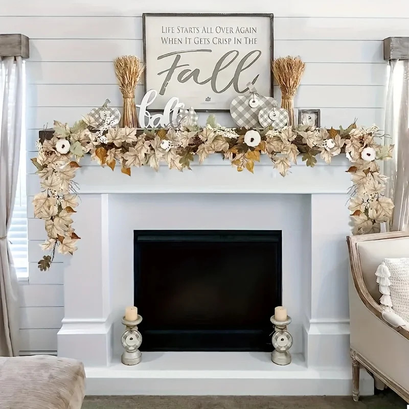 Autumn Harvest Maple Leaf and Pumpkin Berry Wreath Fall Garland for Thanksgiving