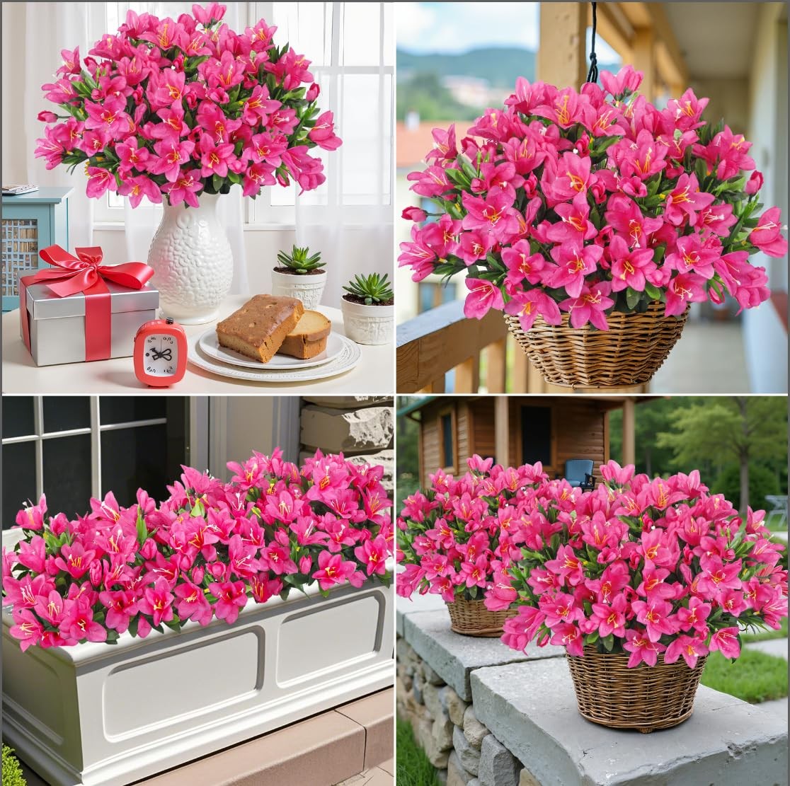 8 Bundles Artificial Flowers for Outdoors, Fake Silk Flowers Azalea Plants UV
