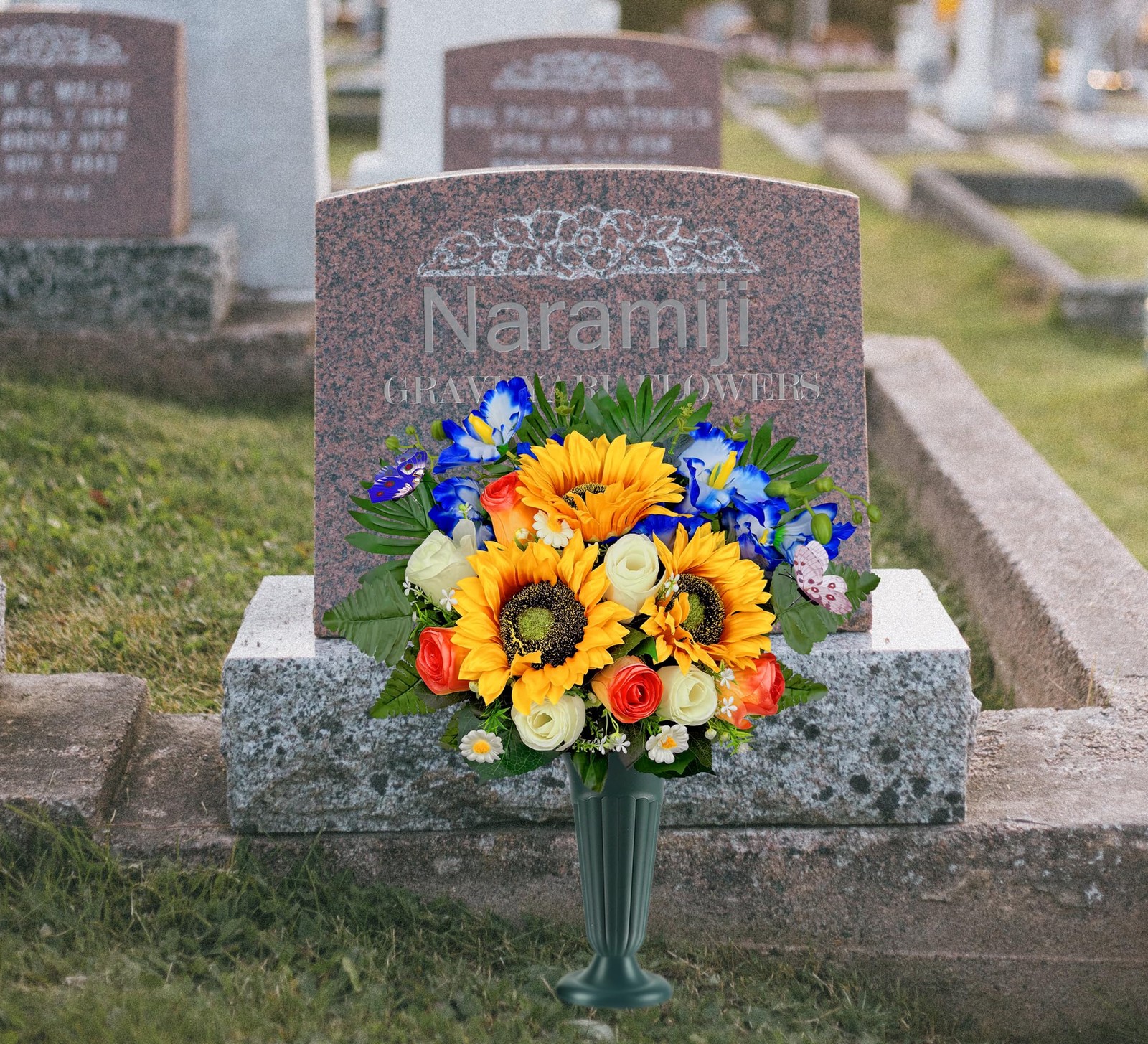 Artificial Cemetery Flower Bouquet Sunflower Rose Cattleya With Vase
