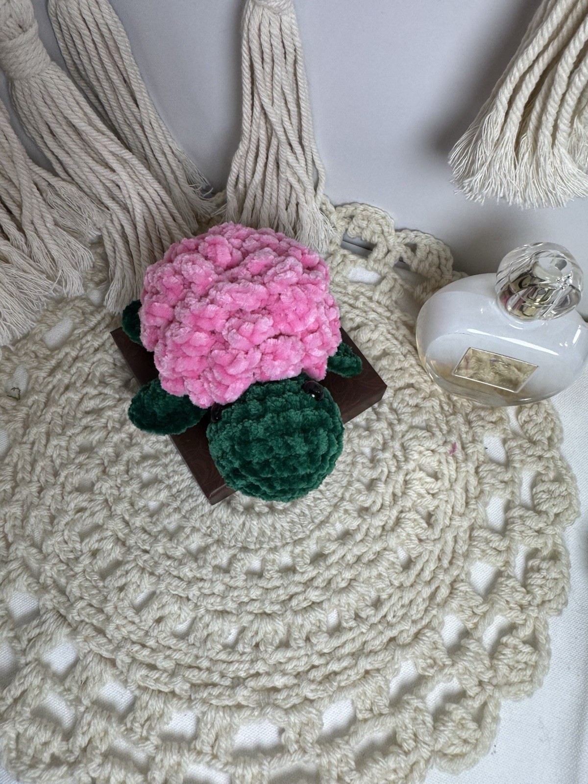 Hydrangea Yarn Flower Arrangement & Centerpiece, Pink Green on Brown Wooden Base