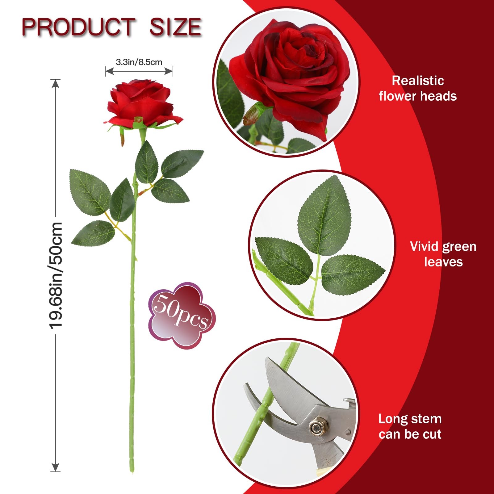50PCS Artificial Silk Roses in Bulk & Bouquet Long Stem – Realistic Fake Rose…