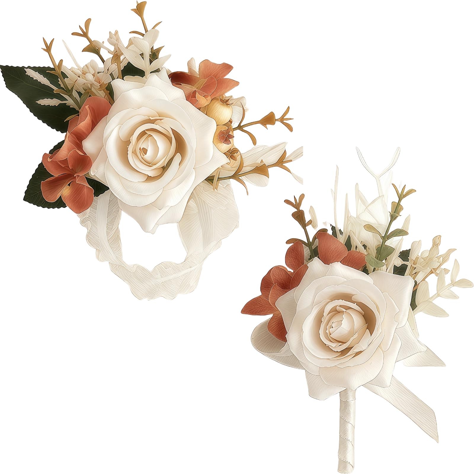 Champagne Corsage and Boutonniere Set, 2pcs Boutonniere and Wrist