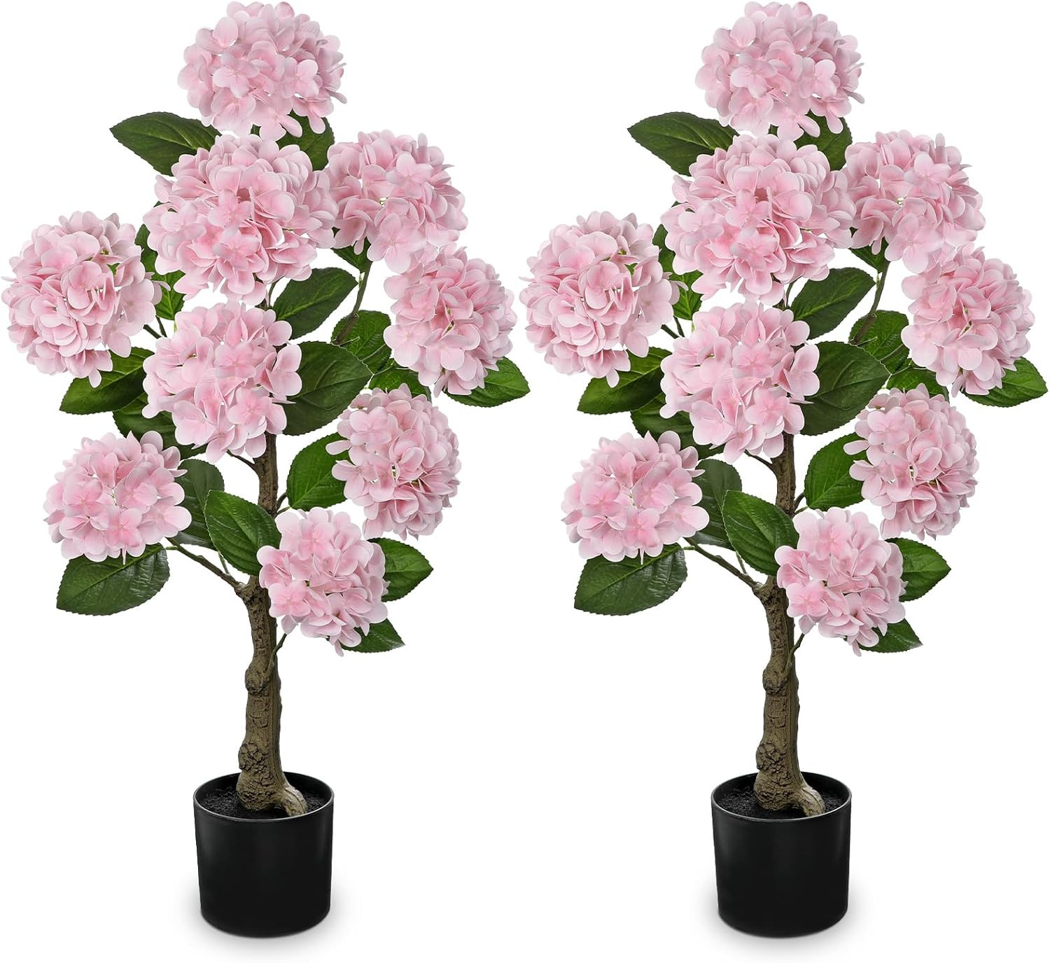 3FT Pink Hydrangea Faux Silk Flowers in Black Pot, 2 Pack for Home Decor