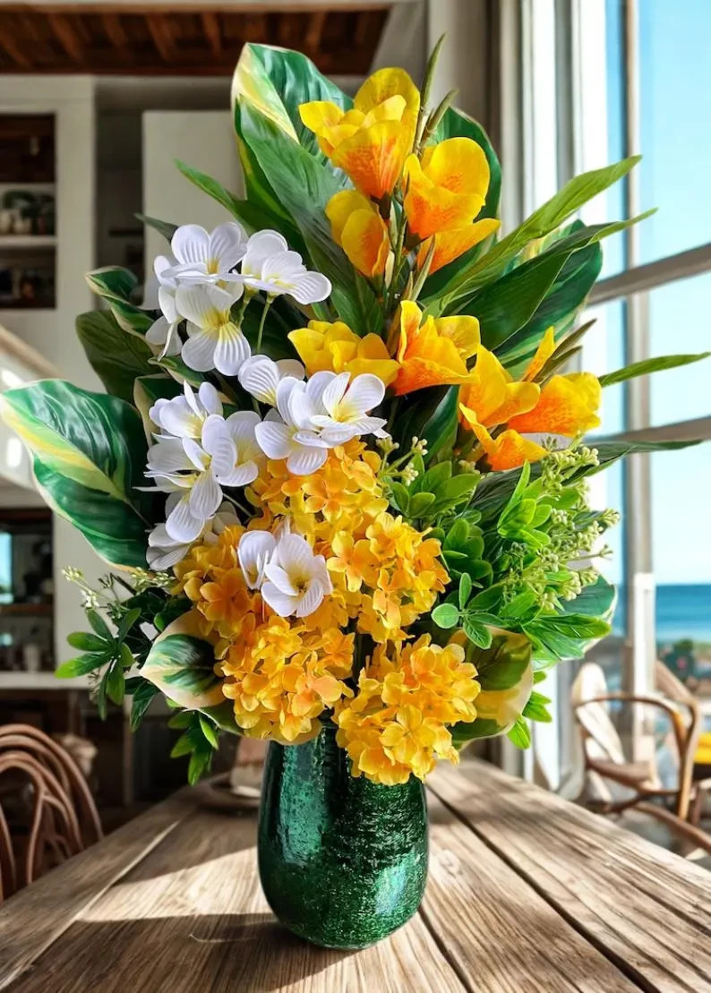 Tropical Floral Arrangement: Yellow & Green Beach House Decor, Table Centerpiece