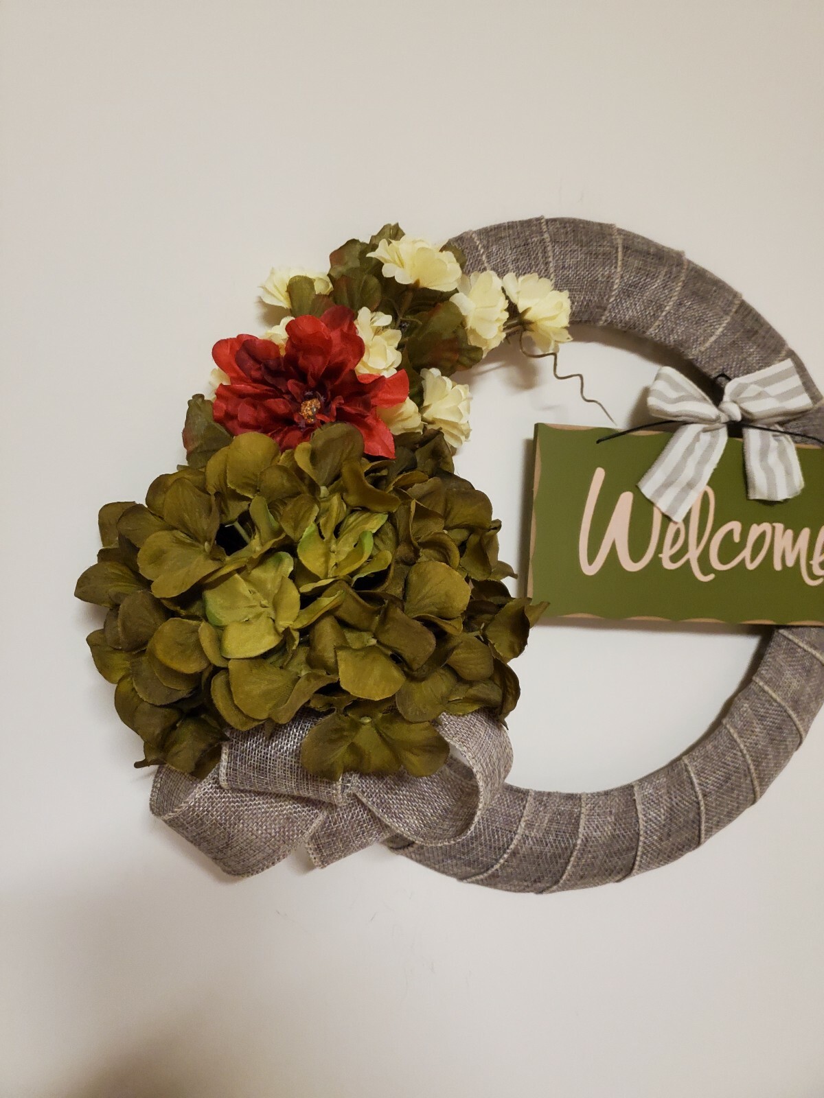 WELCOME wreath FLOWER Hydrangeas Mums burlap FALL autumn Decor Front Door 15