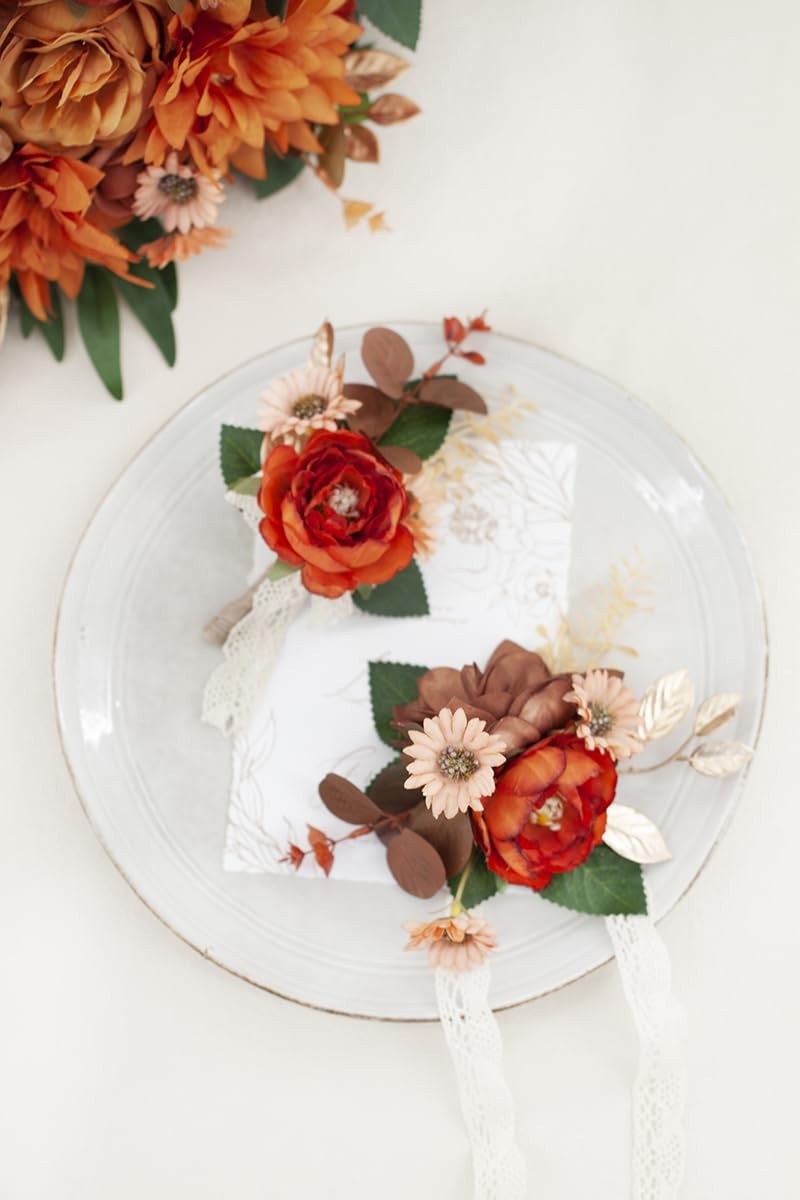 Set of 6 Burnt Orange Boutonniere for Men for Wedding, Groom Groomsmen Bouton…