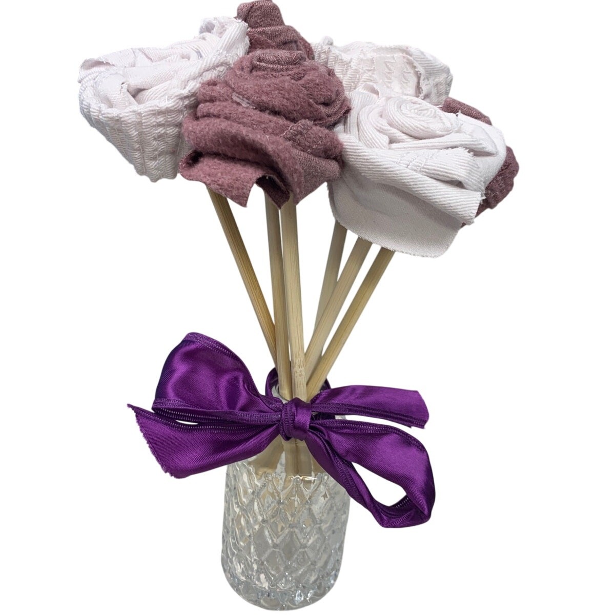 Handmade Upcycled Fabric Denim Valentine’s Day Gift 6 Rose Bouquet in Glass Vase