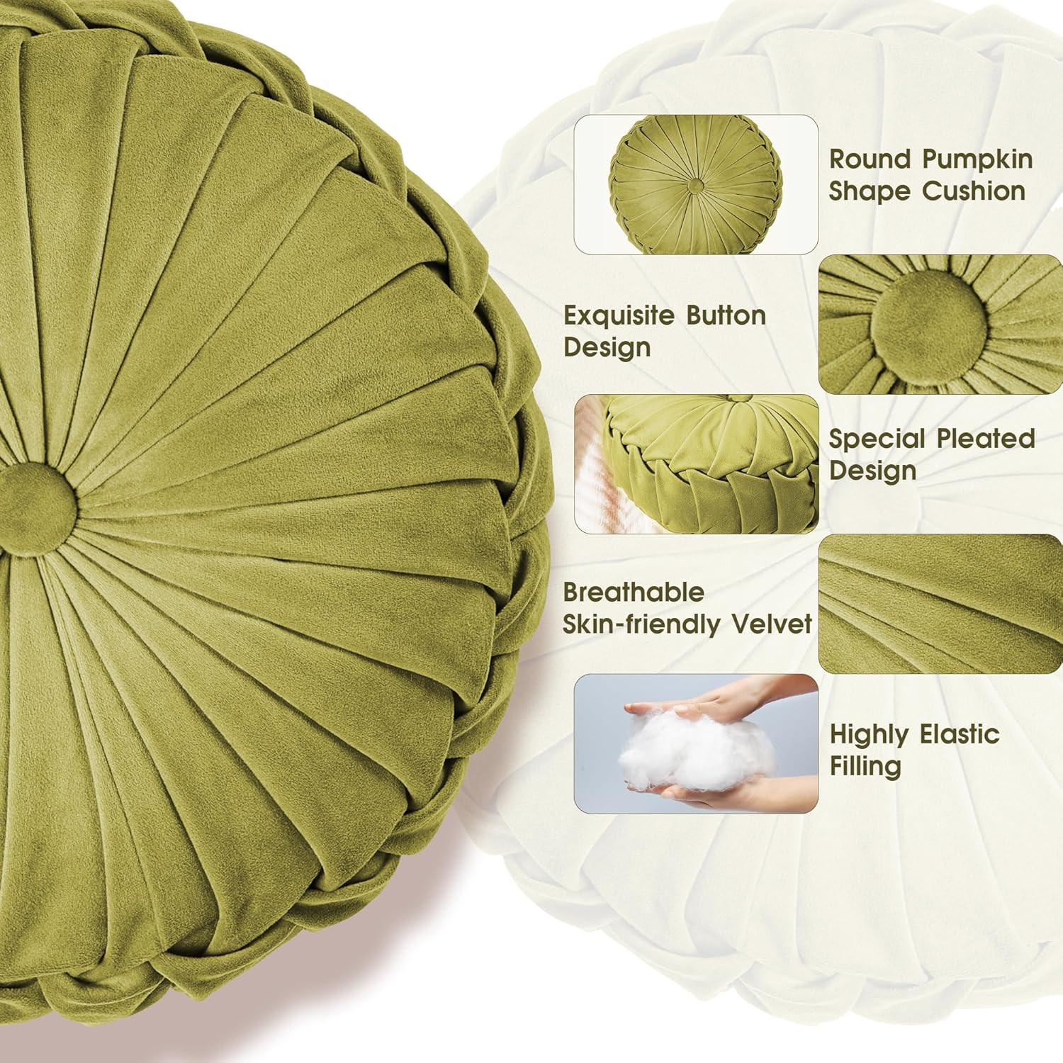 ROSE&RISY round Pleated Velvet Throw Pillow, 1 Pack Decorative Accent Pumpkin Pi
