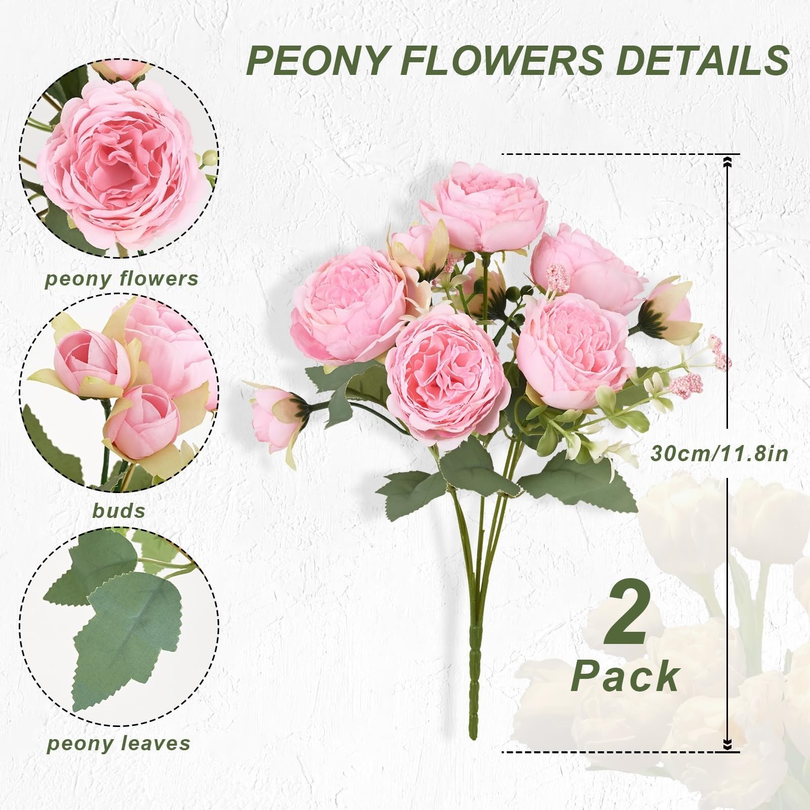 2 Packs Light Pink Artificial Peonies | Faux Silk Flower Bouquets