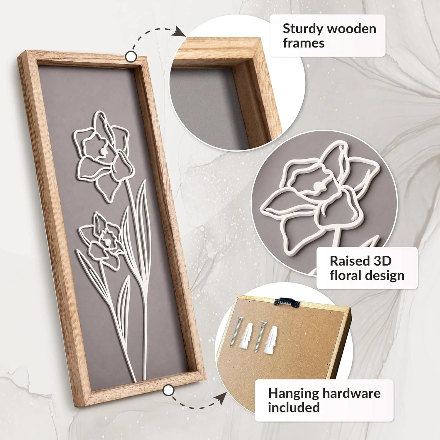 Elegant 3D Wooden Wall Decor – Botanical Bathroom & Living Room Set