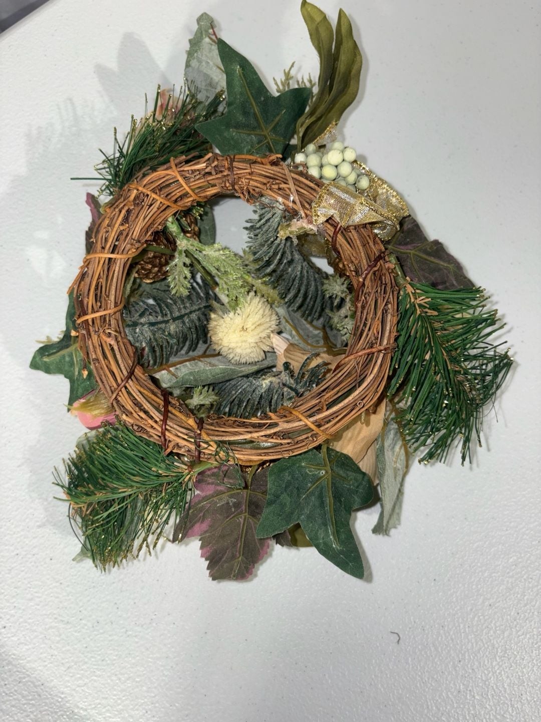 Decorative Holiday Candle Ring with Artificial Peonies, Gold Pinecones, and Gree