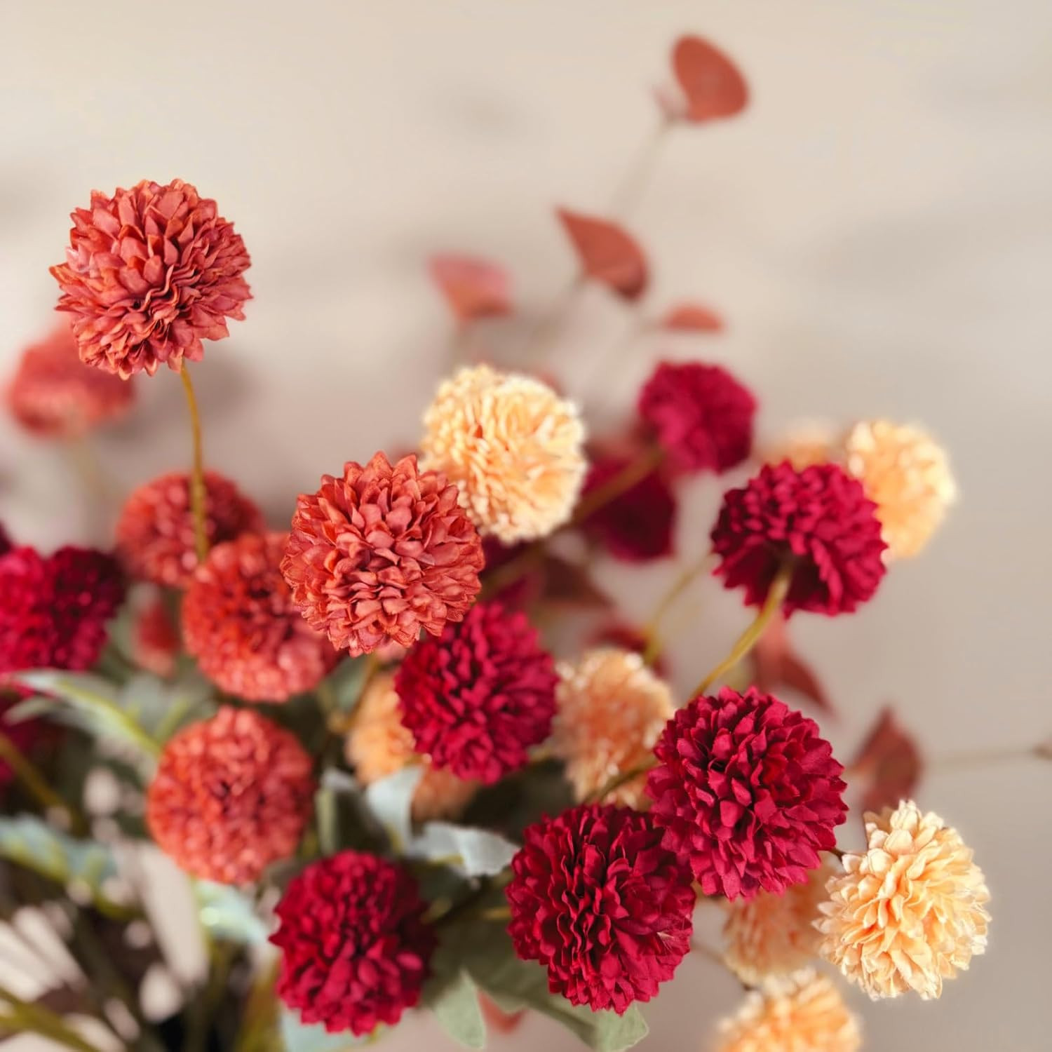 Fall Flowers, Burnt Orange Faux Kiku Flowers Artificial 10 Stems + Eucalyptus, F