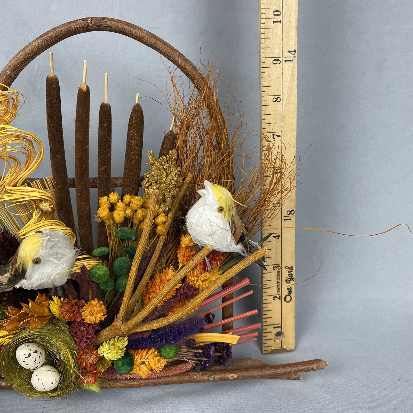 Vtg Dried Flower Birds Wall Hanging Wreath CatTails Twigs Boho Cottage 10×12