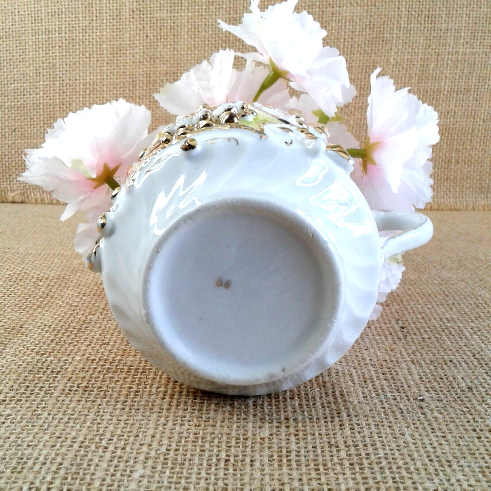 Fluffy Pink Floral Decor Green Gold Mustach Porcelain Cup Chic Country Gift 1460