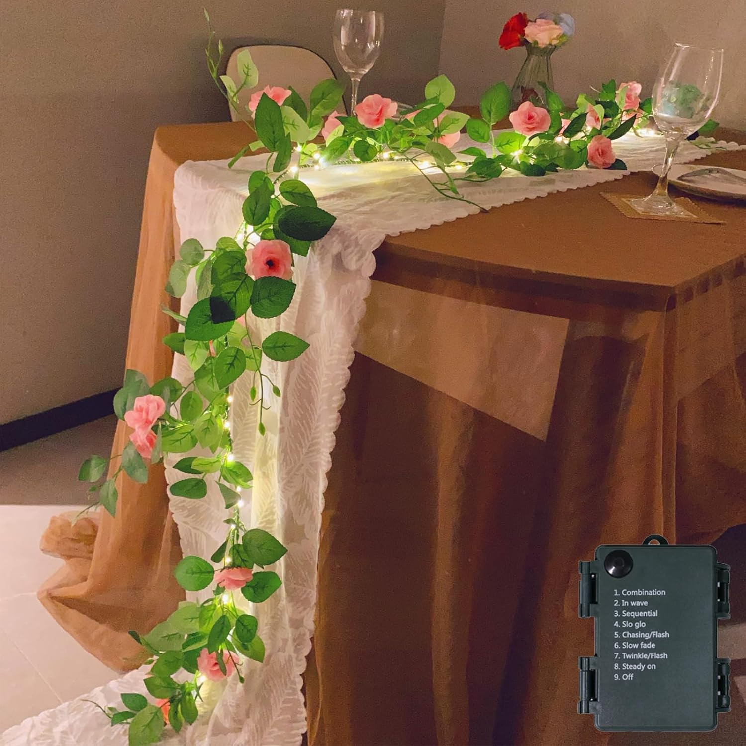 70 LED Artificial Rose Flower Garland with Lights Battery Operated with Timer &