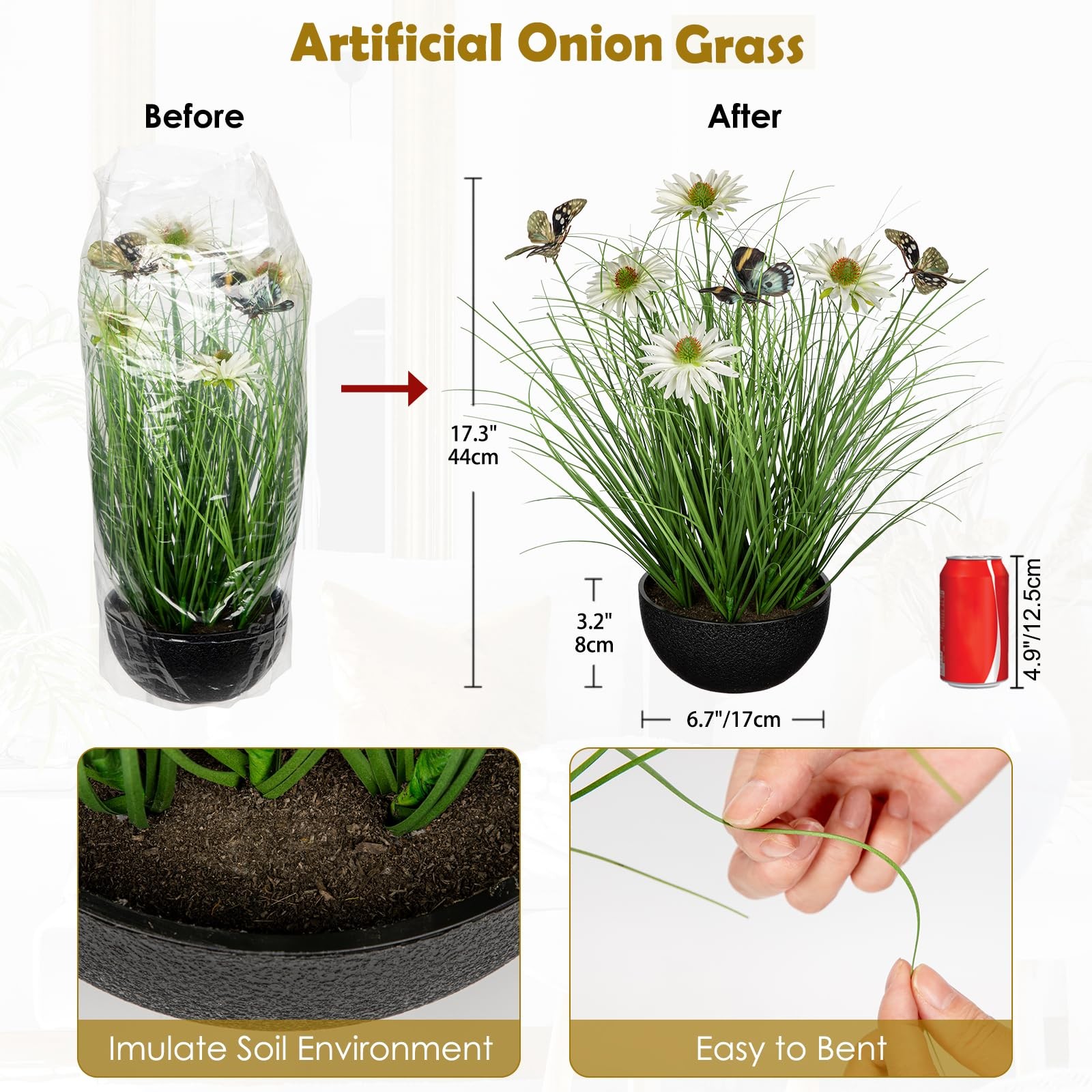 Artificial Plants Indoor with Pot, 17.3″ Fake Potted Plants Artificial Onion …