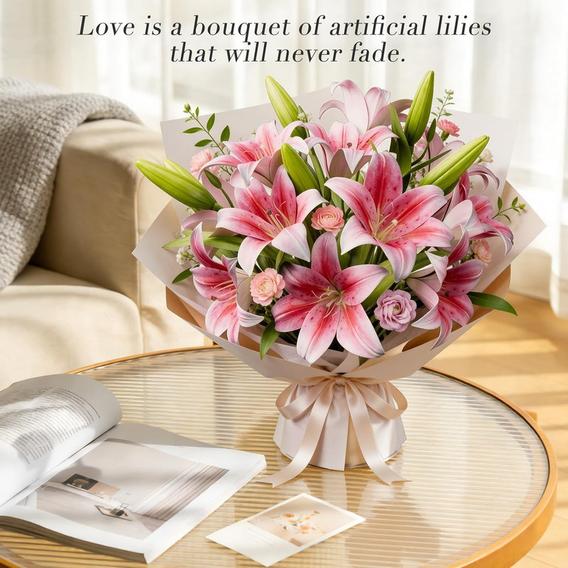 6 Bundles 18 Artificial Lily Flowers with 12 Heads Fully Bloomed Lilies & 6 Buds
